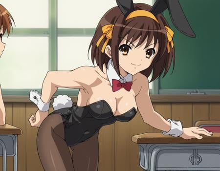 score_9, score_8_up, score_7_up, source_anime,haruhisuzumiya,  <lora:haruhi-suzumiya-s1-ponyxl-lora-nochekaiser:1>,haruhi suzumiya, short hair, brown hair, brown eyes, hairband, medium hair, ribbon, hair ribbon,animal ears, pantyhose, rabbit ears, leotard, wrist cuffs, detached collar, fake animal ears, playboy bunny, black leotard, cleavage,indoors, classroom, bent over, smile,looking at viewer, cowboy shot, solo,