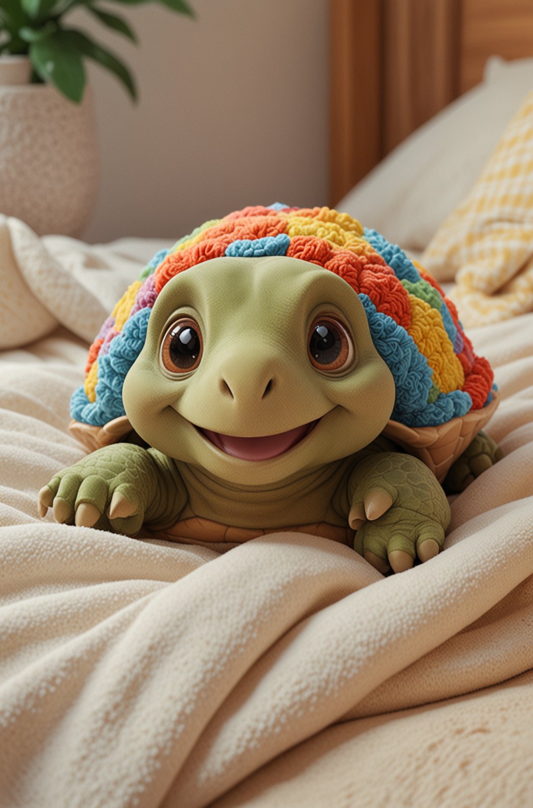 Cute cartoon style of a adorable little colourful Tortoise, snuggled, curled up, smiling, sleeping with a little blanket, tiny bedroom, on a bed under the blanket, ethereal, soft, detailed, beautiful, cosy, cute, Pixar, snoozing, 3D render, UHD