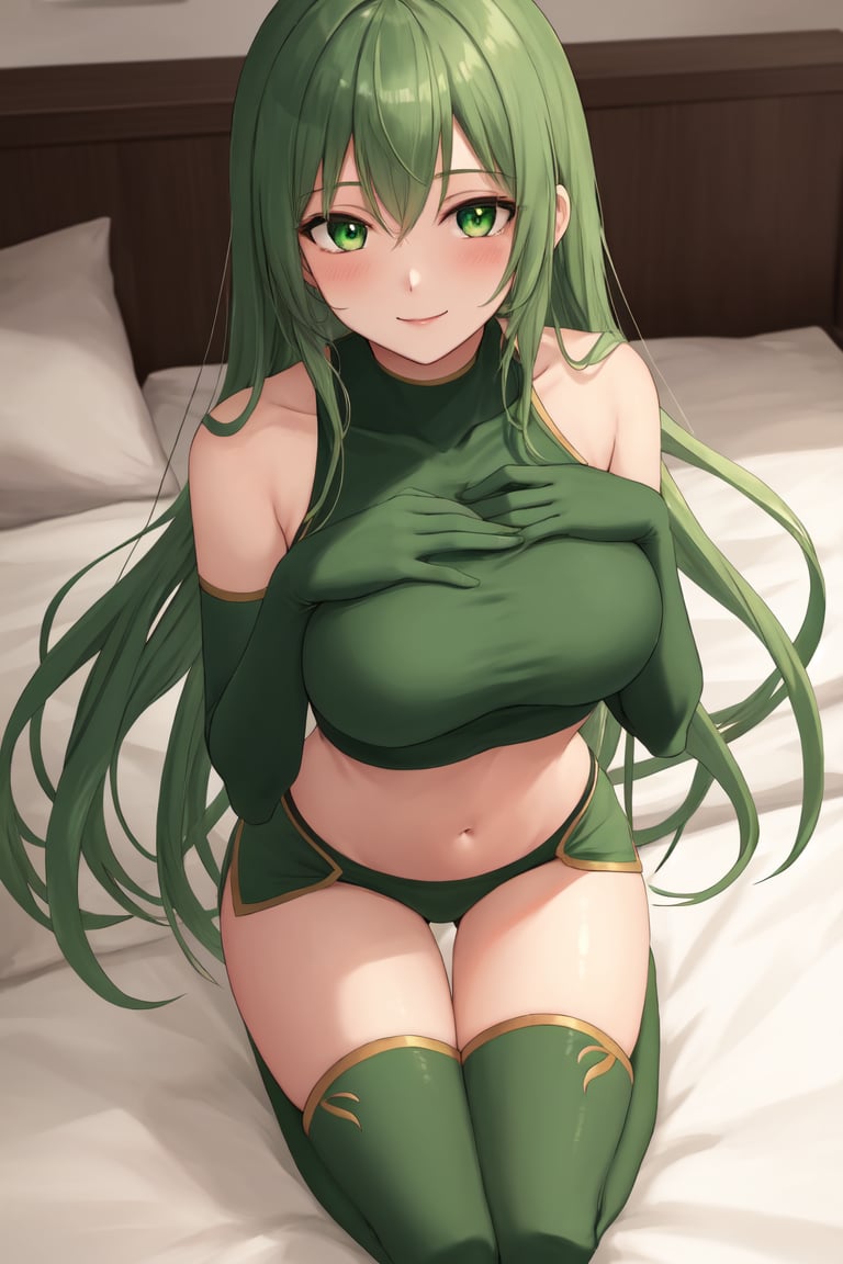 <lora:Erinys_FE-08:0.4>  Erinys fe, 1girl, solo, blush, large breasts, navel, bare shoulders, sleeveless, green elbow gloves, green thighhighs, midriff, crop top, thigh gap, indoors, bed, bedroom, seiza, from above, looking at viewer, smile, hands on own lap