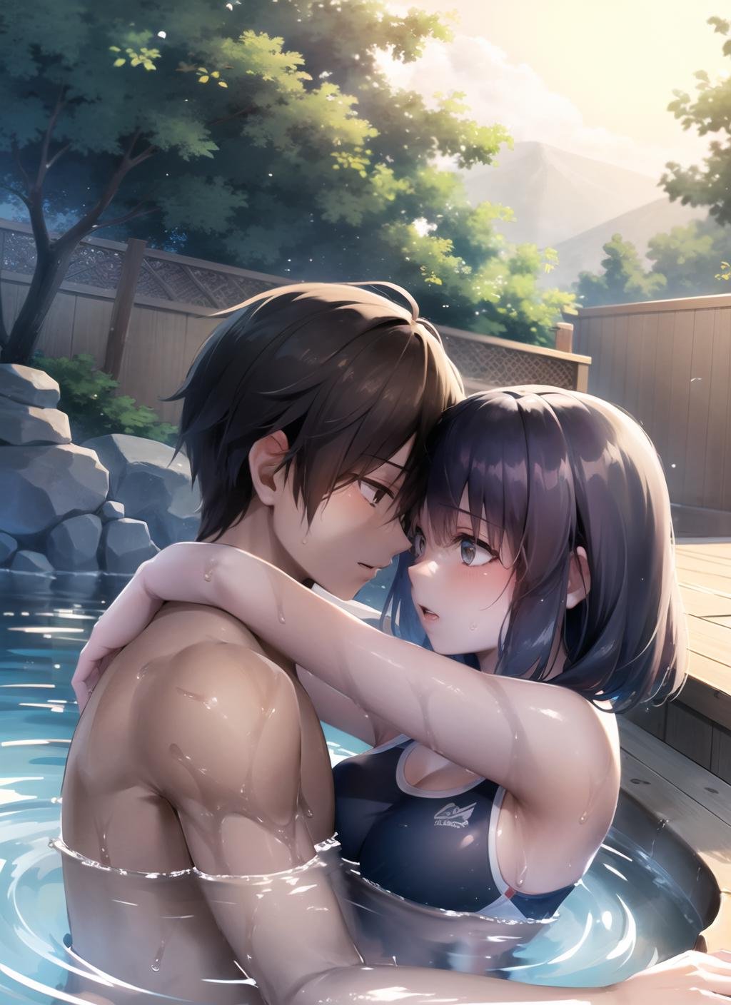 forehead-to-forehead,1boy, 1girl, hetero, swimsuit, partially submerged, hot spring, outdoors, hug,   <lora:forehead-to-forehead_v2_b-000008:0.9>
