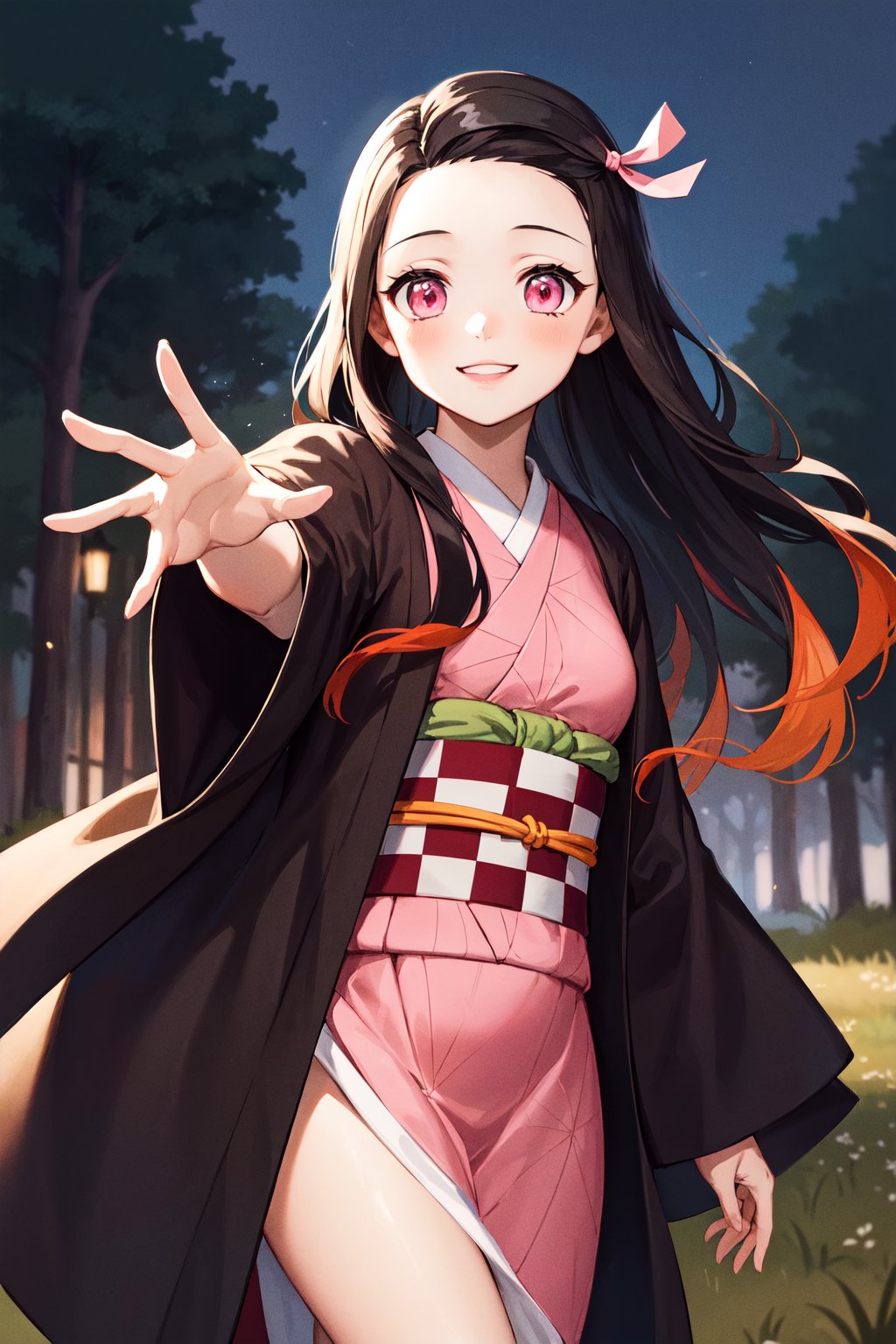 masterpiece, best quality, highres, aanezuko, long hair, multicolored hair, hair ribbon, japanese clothes, pink kimono, haori, black jacket, long sleeves, checkered sash, obi, <lora:kamado_nezuko_v1:0.7>, smile, reaching out, standing, forest, outdoors, night