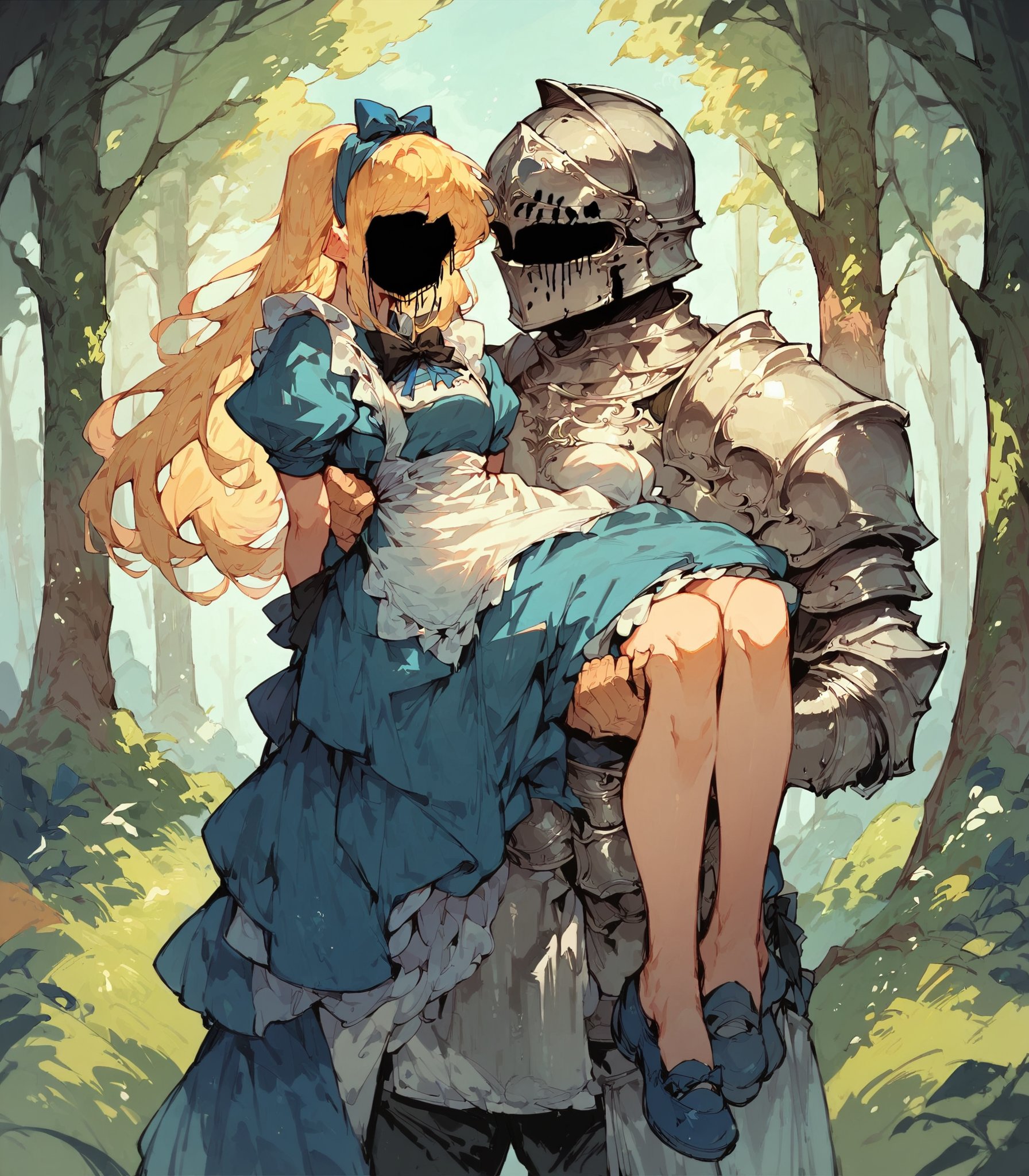 (score_9, score_8_up, score_7_up), 1boy wearing full armor, knight, helmet, princess carry, 1girl, black fluid face, blonde hair, long hair, alice in wonderland, blue hairband, blue ribbon, white apron, blue dress, black bow, standing, facing viewer, arms behind back, forest, <lora:black_fluid_face_ver1:1>