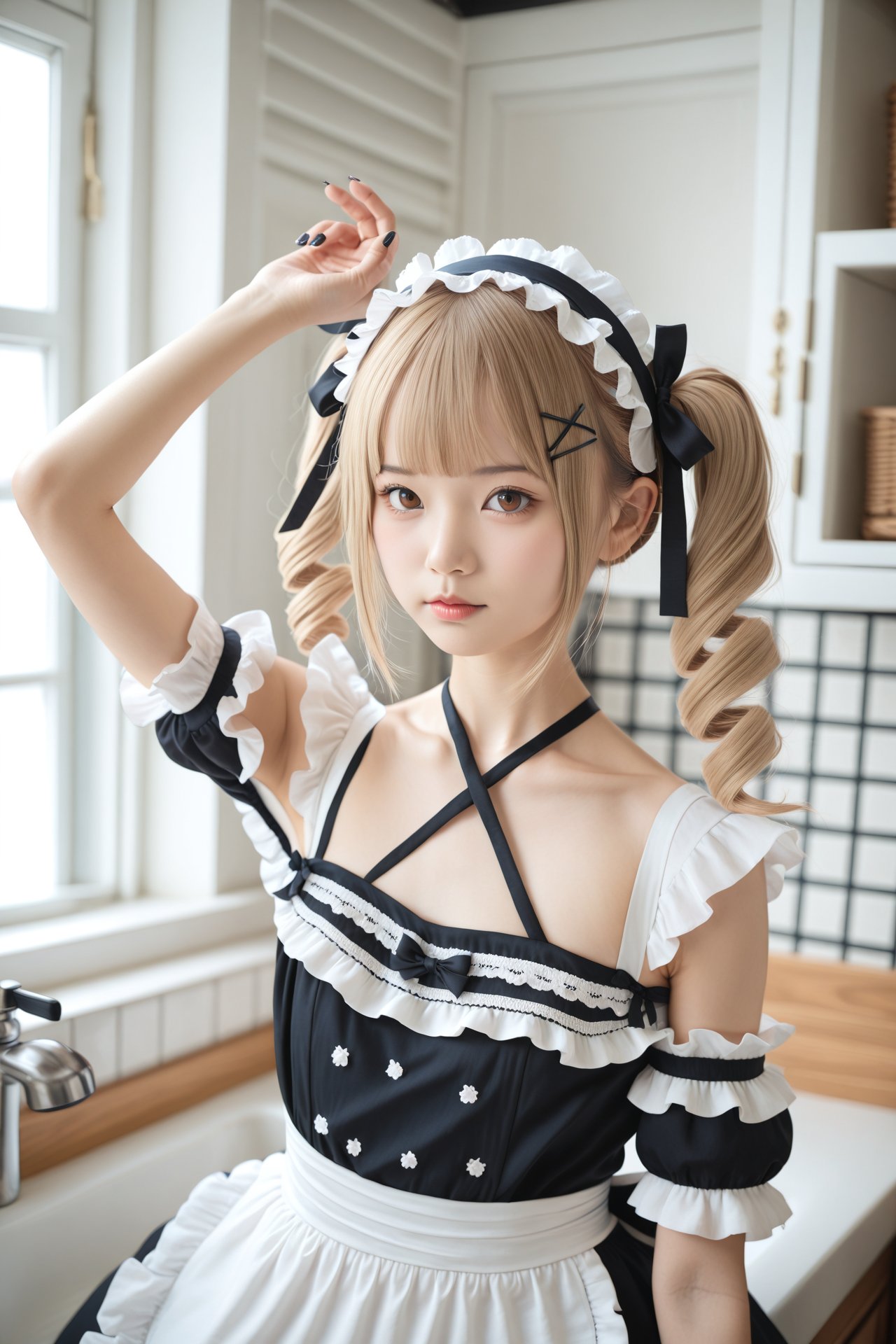 masterpiece,Realism,best quality,loli,1girl,solo,blonde hair,realistic,indoors,drill hair,kitchen,frills,hair ornament,black dress,dress,bare shoulders,x hair ornament,apron,blurry,hairband,sink,looking at viewer,detached sleeves,maid headdress,maid,halterneck,lolita hairband,hairclip,twintails,blunt bangs,brown eyes,gothic lolita,twin drills,ribbon,black ribbon,window,marie rose,photorealistic,bathroom,choker,lolita fashion,blurry background,arm up,collarbone,hair ribbon,lips,white apron,closed mouth,scrunchie,long hair,tiles,upper body,frilled dress,criss-cross halter,frilled sleeves,tile wall,frilled hairband,short sleeves,depth of field,nail polish,medium hair,