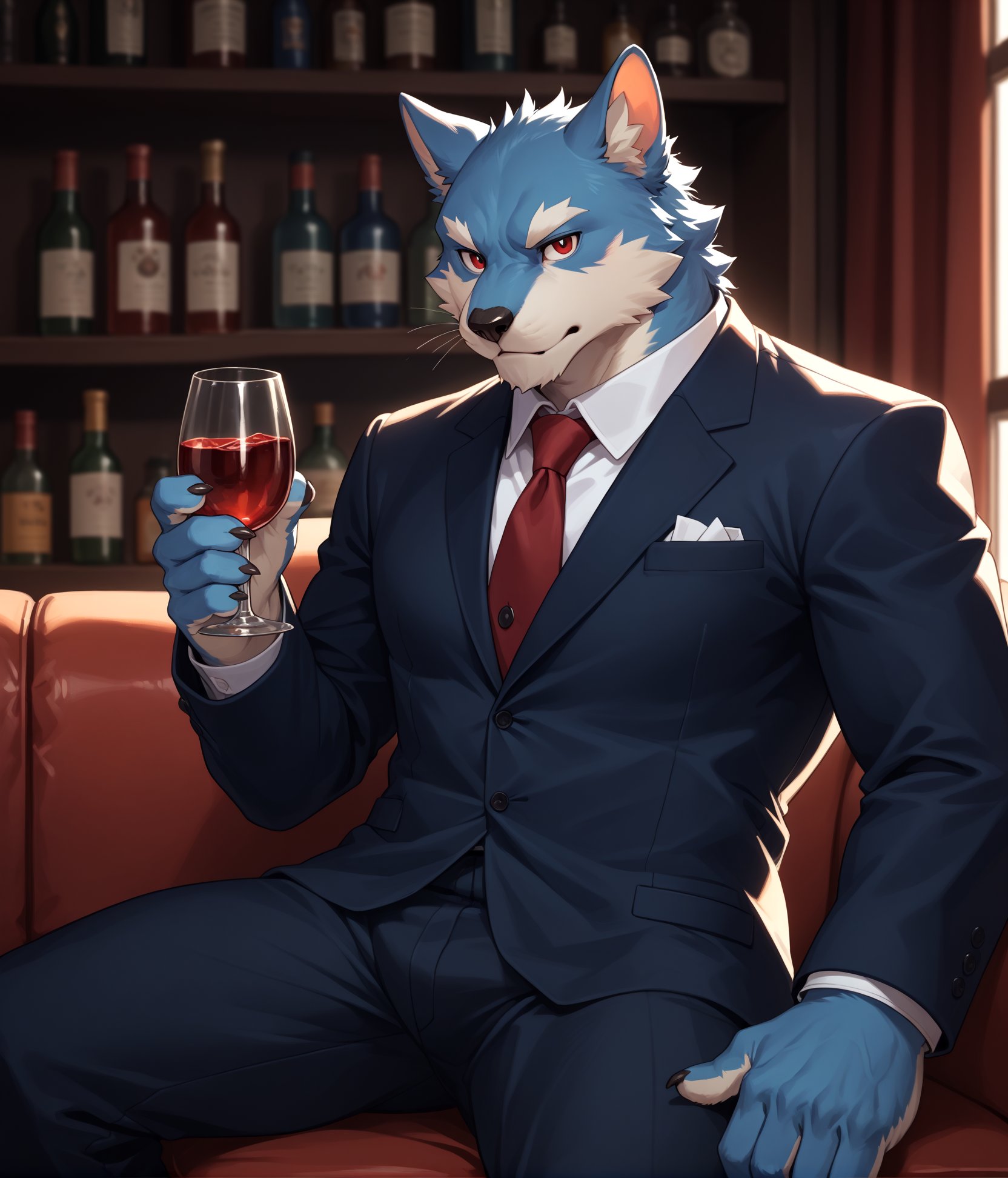 score_9,score_8_up,score_7_up,score_6_up,3 furry,3 kemono,high quality,tail,rating_explicit,embedding:zPDXL3 BREAK male furry,bara,perfect anatomy,(Light Color),Premium bar,crystal,sofa,drinking red wine glass,holding red wine in one hand,look at viewer,contempt,suit,luxury,VIP private room,