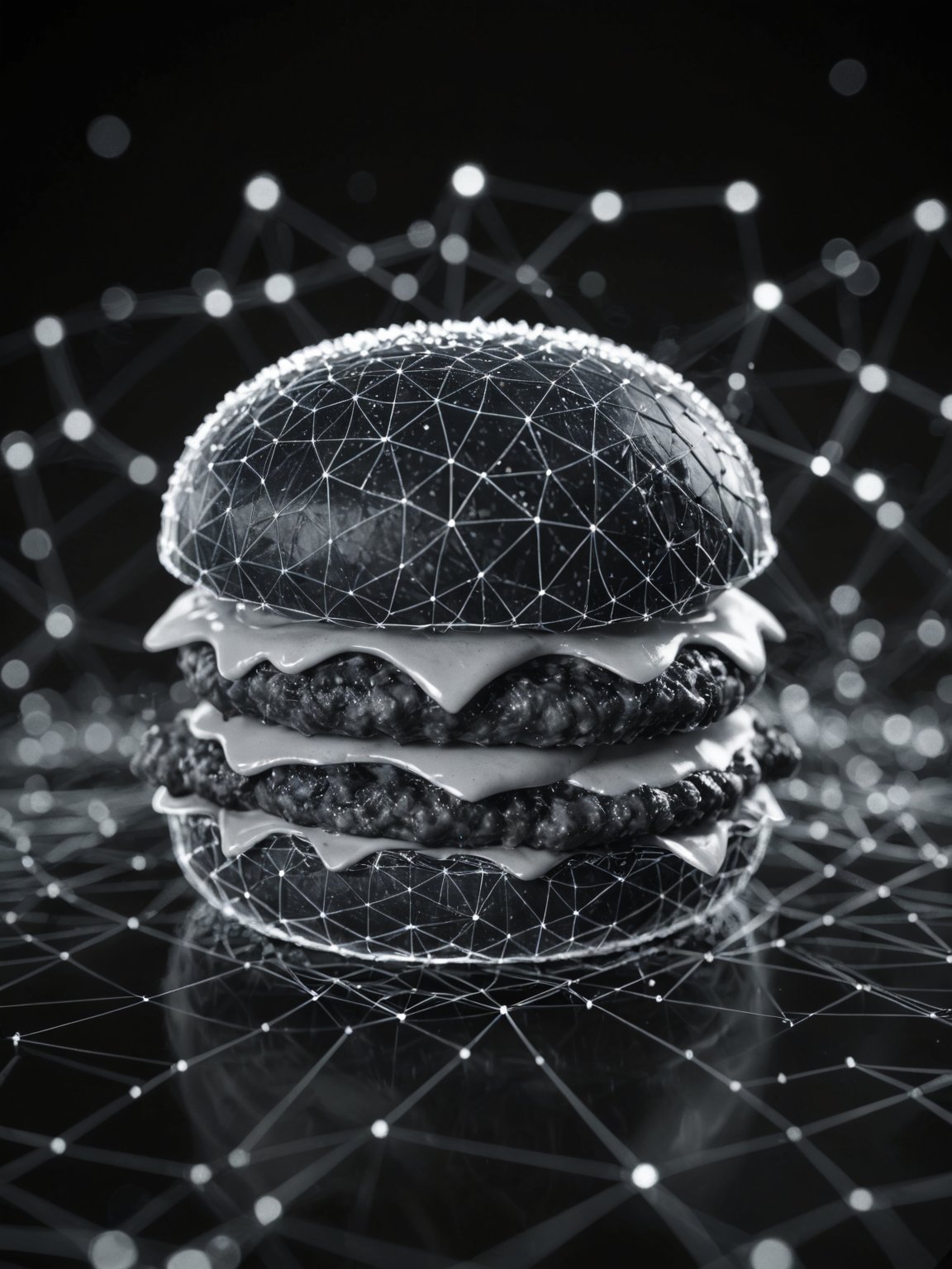 dataviz style, black and white network data visualization in the shape of an hamburger,  masterpiece , hyper detailed, unreal engine, blue tones, stars <lora:dataviz_style_xl_v1:1>