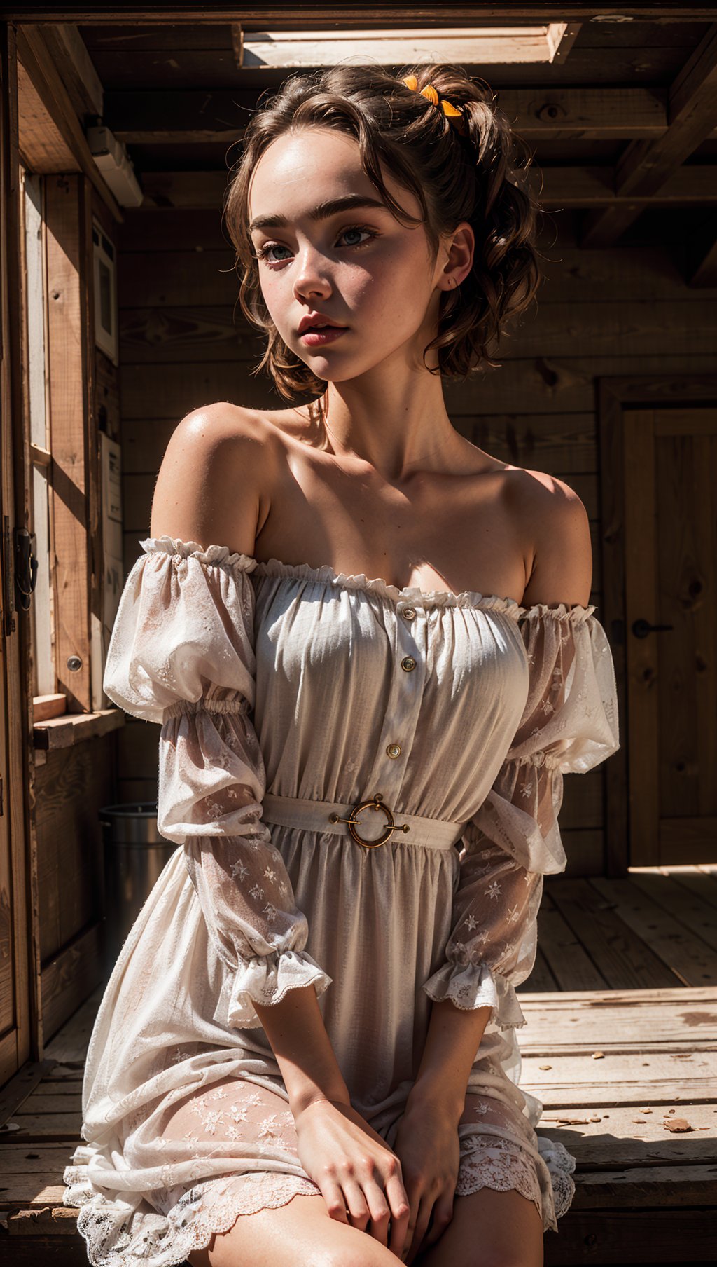 FlorencePugh,Parisienne dress,feminine pose,well-lit wooden structure,abandoned Wild West ghost town,late afternoon,colorful red orange yellow light,very emotional camera angle,medium format camera,in the style of (Life Magazine),