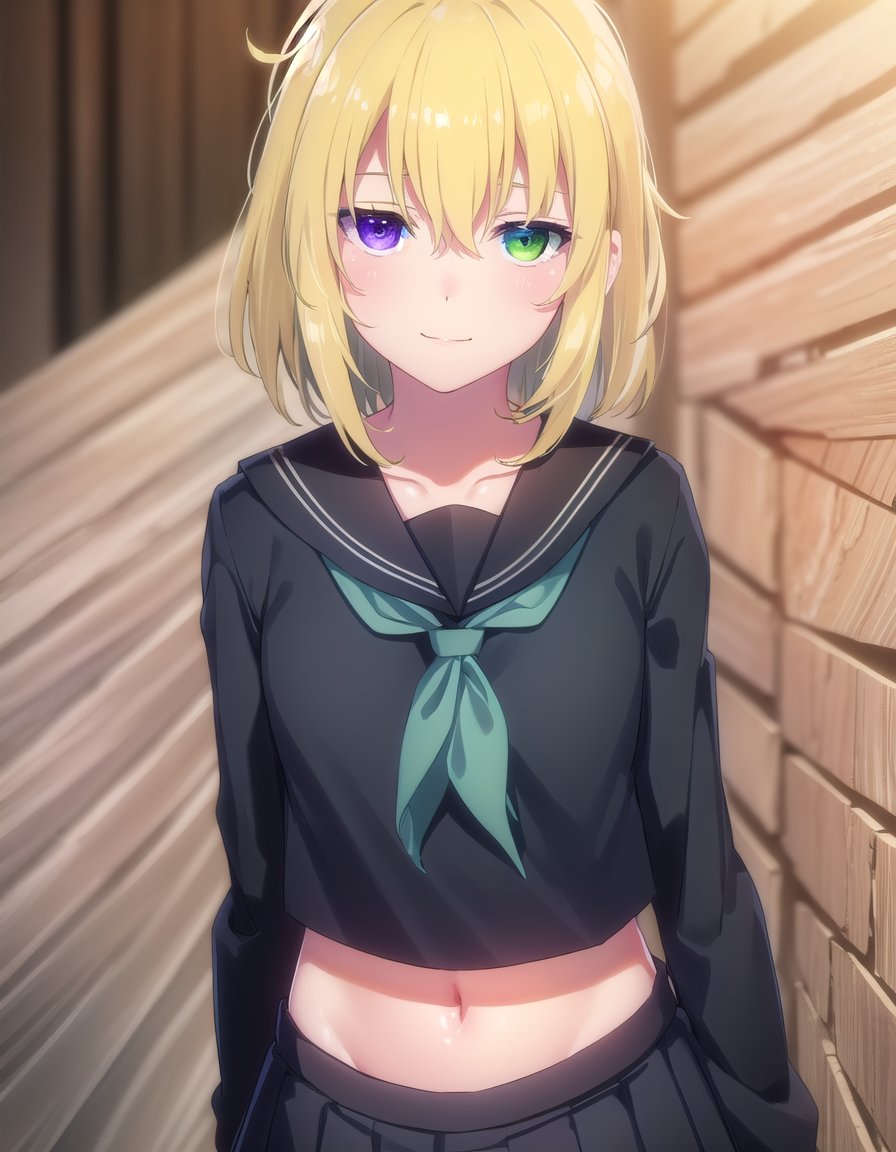 skryona, <lora:sk ryona s1-lora-nochekaiser:1>,ryona, blue eyes, blonde hair, (green eyes:1.3), medium hair, (heterochromia:1.5),BREAK skirt, shirt, long sleeves, navel, school uniform, pantyhose, pleated skirt, necktie, serafuku, midriff, black skirt, sailor collar, black shirt, black sailor collar, (black serafuku:1.2),BREAK indoors, classroom,BREAK looking at viewer, (cowboy shot:1.5), smile,BREAK <lyco:GoodHands-beta2:1>, (masterpiece:1.2), best quality, high resolution, unity 8k wallpaper, (illustration:0.8), (beautiful detailed eyes:1.6), extremely detailed face, perfect lighting, extremely detailed CG, (perfect hands, perfect anatomy),