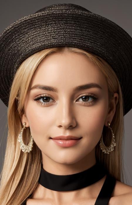 4k, 8k, ultra highres, raw photo in hdr, sharp focus, intricate texture,realistic, detailed facial features, highly detailed face, posing,perfect lighting,earrings,black choker,smile,closeup,hat,dress,cute,blonde hair