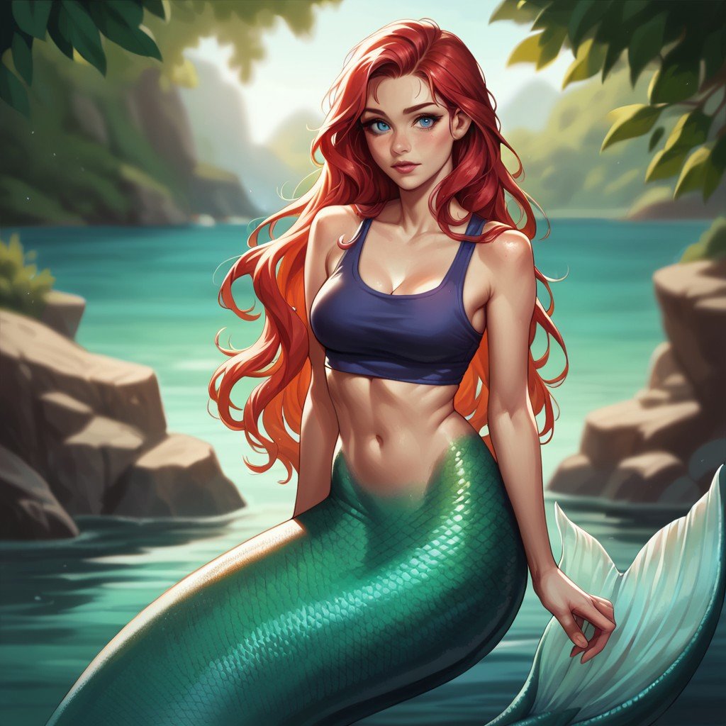 (((detailed, beautiful, high quality))), score_9, score_8_up, score_7_up, full body,merfolk, mermaid tail, scales,1girl, red hair, long hair, blue eyes, purple short top, green ponytail,looking at the viewer, posing, blurred background, blurred fantasy background,