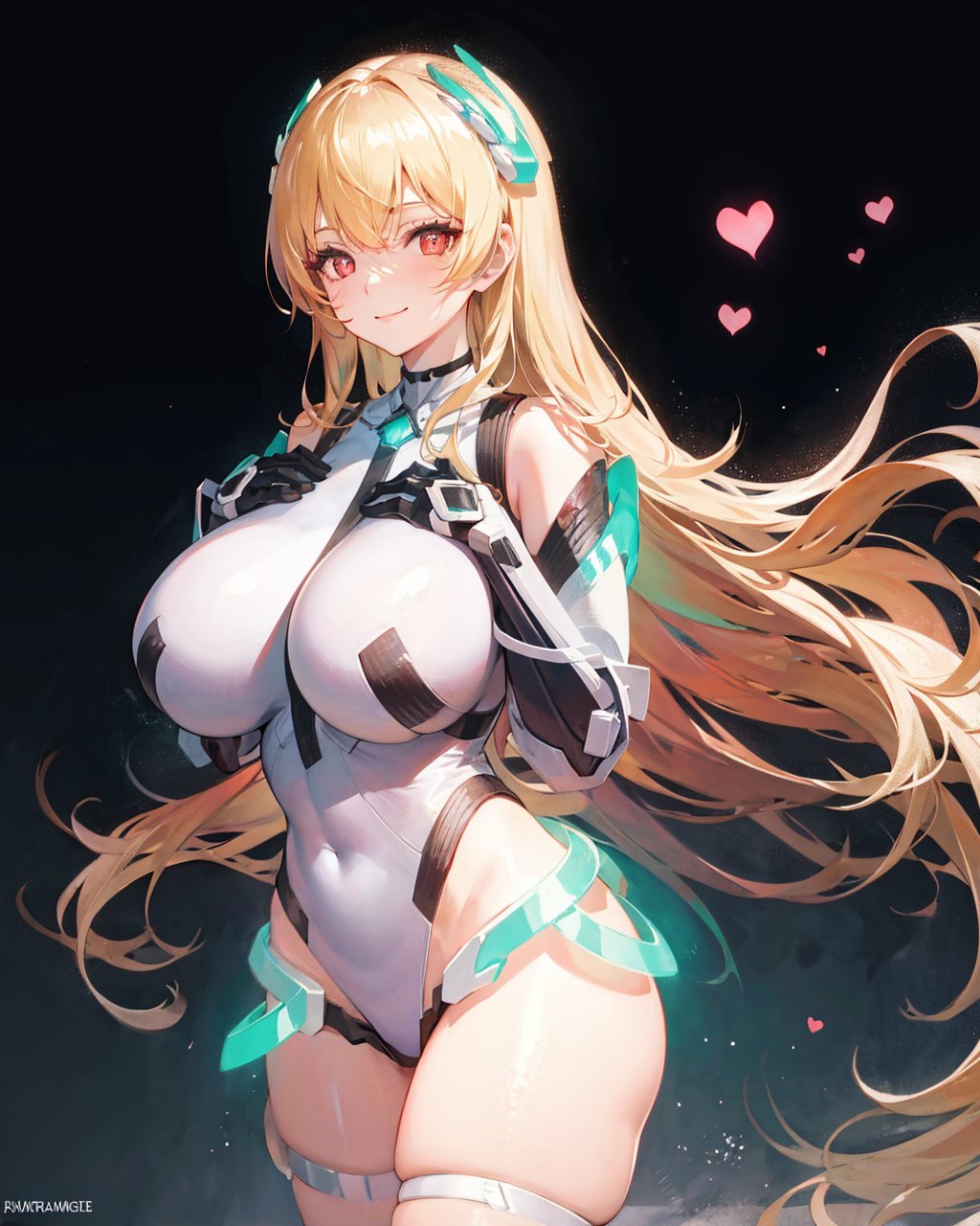 1girl,solo, light smile,huge breasts, deva battle suit,gloves, <lora:DevaBattleSuitV1:1>,very long hair,outdoors,blonde_hair,long hair,red_eyes,hand on own chest, heart-shaped pupils, light smile, headgear,skin tight, 