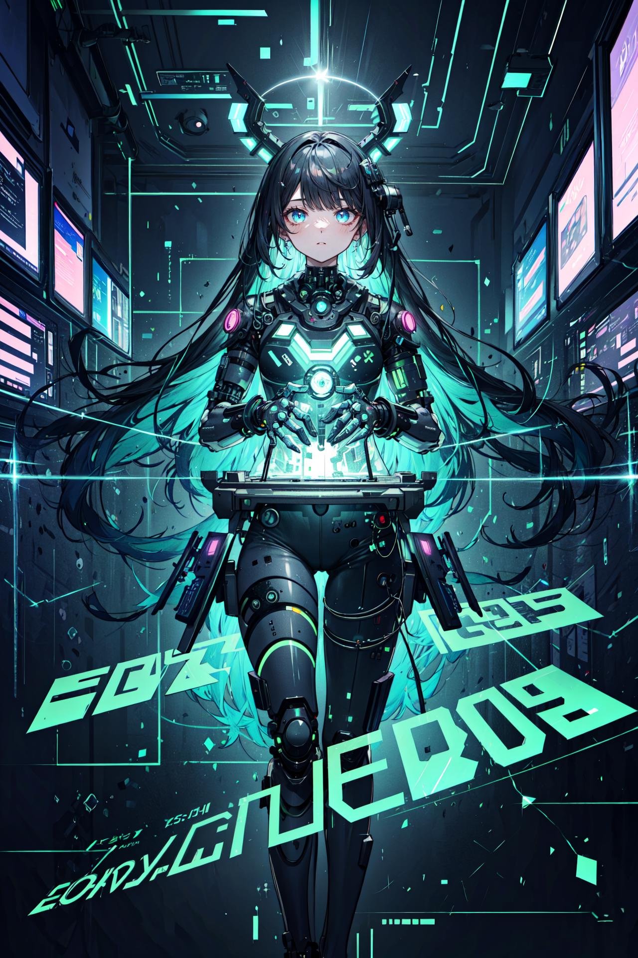 ((best quality, masterpiece, absurbres, super-resolution)), blue long hair, cybernetic, internet, green data codes, green numbers, (glitch effect:1.3)