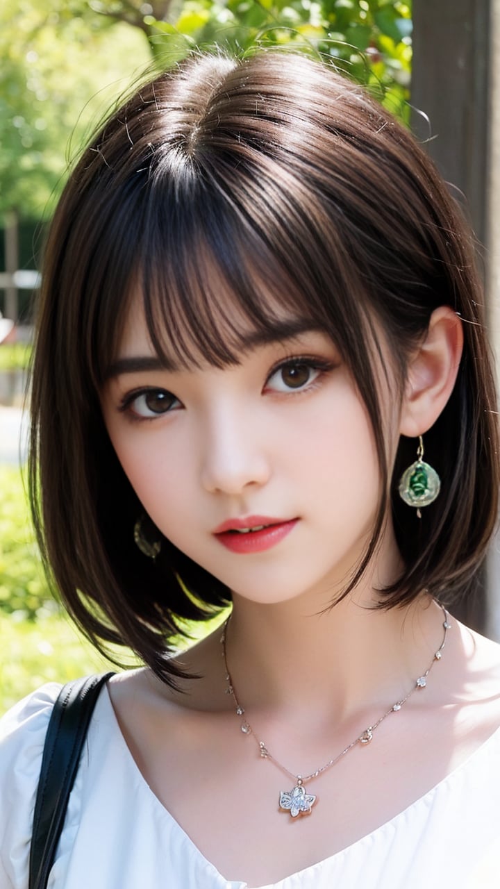 1girl, bangs, blurry, blurry_background, blurry_foreground, brown_hair, bush, christmas_tree, collarbone, depth_of_field, earrings, forest, grass, jewelry, lips, looking_at_viewer, necklace, outdoors, parted_lips, short_hair, short_sleeves, solo, upper_body