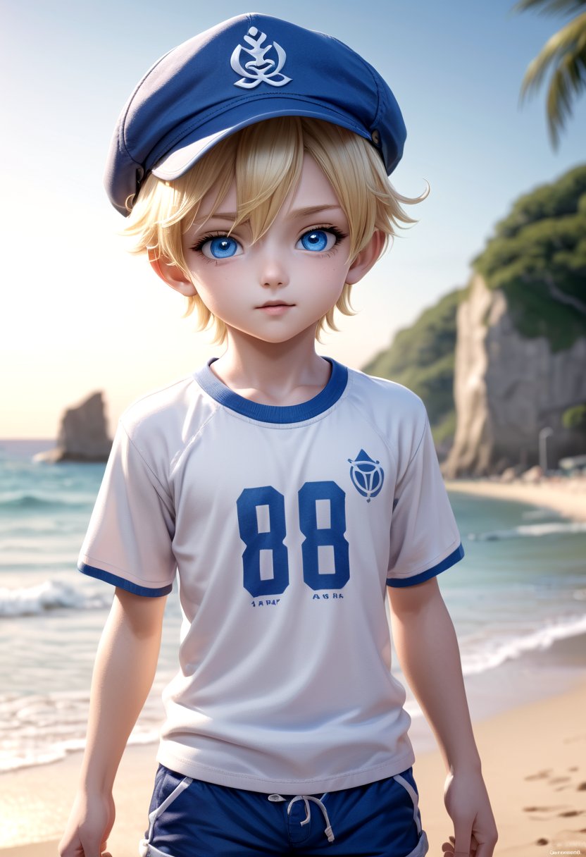 1boy, aoki, blonde hair, hat, masterpiece, ultra detail, beach, blue eyes, cute shirt, shorts, standing, full shot,(masterpiece:1.2), best quality, high resolution, unity 8k wallpaper, (illustration:0.8), (beautiful detailed eyes:1.6), extremely detailed face, perfect lighting, extremely detailed CG, (perfect anatomy),