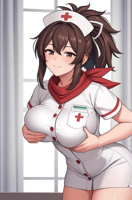 anime artwork score_9, score_8_up, score_7_up, score_6_up, score_5_up, score_4_up, source_anime, BREAK, thick outline, fat outline,Asuka_XL, brown eyes, brown hair, ponytail, white ribbon, red scarf, large breasts, BREAK, nurse outfit, BREAK, leaning forward, breast grab, groping, breast squeeze,<lora:Asuka_XL:0.7><lora:PersonalAmi_PonyXL:1.0>