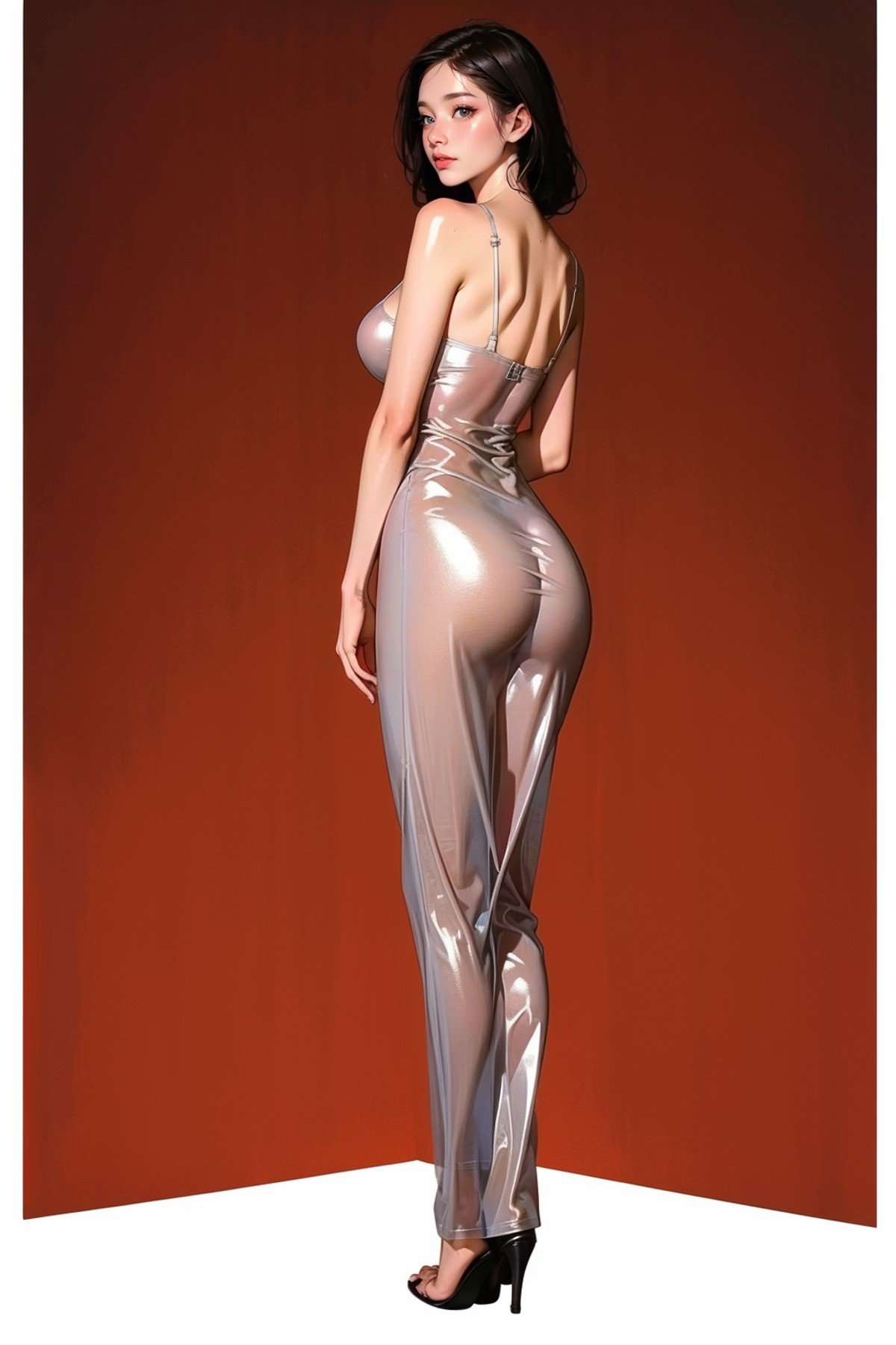 1girl,solo,medium breasts,<lora:GoodHands-beta2:1>,(full body:1.3),cowboy shot,(from behind:1.2),ass,<lora:0214 see through dress_v1:0.9>, ruanyi0214,see-through,dress,, (masterpiece, best quality, hires, high resolution:1.2), (extremely detailed, realistic, intricate details, highres), 3d, cg,  bbw, shiny skin, , blush,, eyeliner, eyeshadow, eyelashes,, (gigantic breasts, saggy breasts:1.1), (cinematic lighting, sunlight, volumetric), looking at viewer, simple red background, vintage fantasy, 1960s \(style\), film grain,