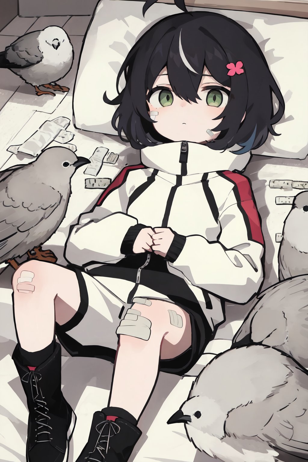 1girl, green eyes, hair ornament, black footwear, solo, flower, boots, long sleeves, grey hair, hairclip, bird, closed mouth, animal, lying, looking at viewer, bangs, multicolored hair, bandaid on leg, ahoge, on back, hair between eyes, jacket, white jacket, short hair, bandaid on knee, black hair, bandaid, socks, chibi, so-style