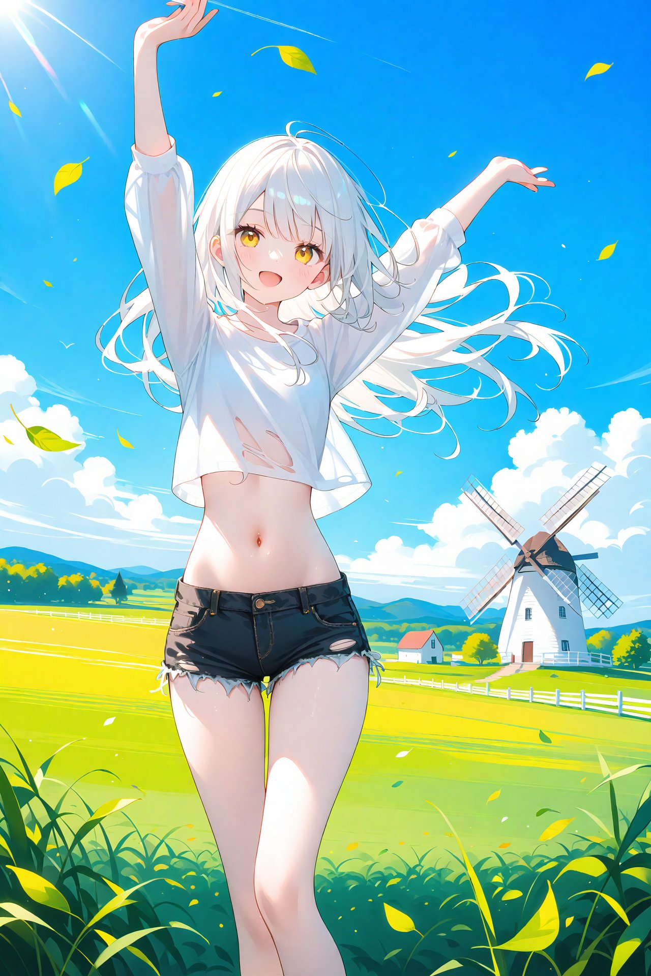 masterpiece,best quality,high quality,(colorful),1girl,solo,outdoors,shorts,sky,long hair,cloud,navel,falling leaves,cutoffs,arms up,crop top,smile,grass,windmill,midriff,day,black shorts,long sleeves,floating hair,stomach,wind,blue sky,standing,open mouth,shirt,short shorts,denim,white hair,white shirt,yellow eyes,:d,torn shorts,feet out of frame,looking at viewer,denim shorts,leaf,thighs,