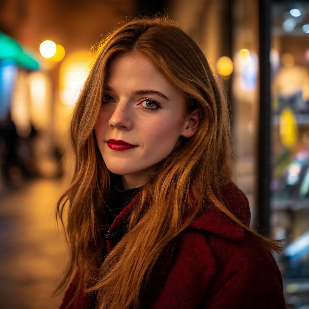 A portrait of rose_leslie captured in a candid moment. She has long, wavy blonde hair and striking red lipstick. She wears a dark red coat with a high collar. The blurred background shows a city street at night, illuminated by warm, golden lights.