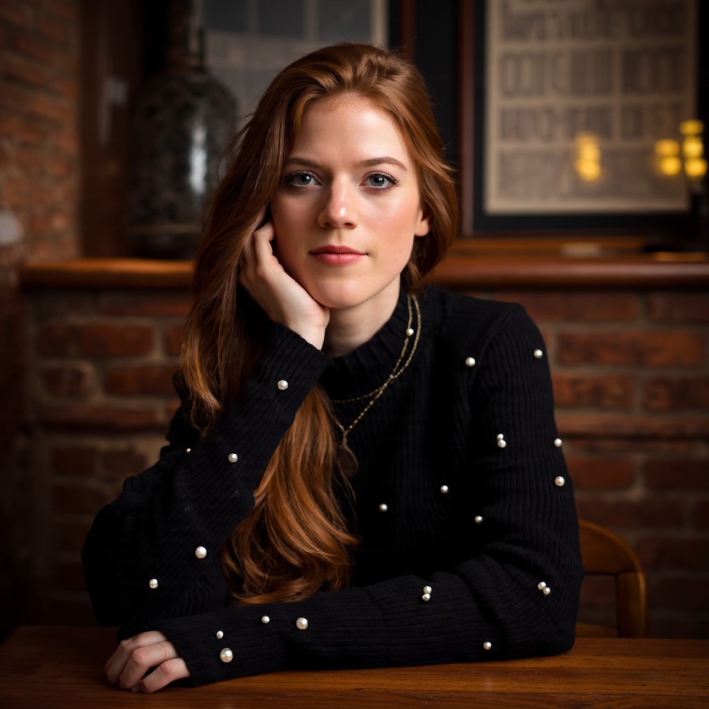 A portrait of rose_leslie seated in a dimly lit, rustic setting. She wears a black turtleneck sweater with pearl embellishments. Her long, wavy brown hair flows down her shoulders. She rests her chin on her hand, appearing contemplative. The background features a brick wall with a window, and a wooden table is in front of her. The color palette is warm, dominated by browns, blacks, and golds, creating a cozy and intimate atmosphere.