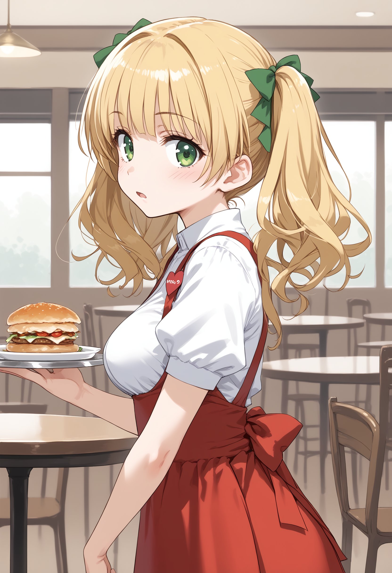 1girl, medium breasts,anna miller ,waitress,name tag,high-waist skirt,suspender skirt, apron,restaurant,  <lora:annamiller_Pony_v1:0.8>from side, portrait, looking back, blonde hair, green eyes,bored, open mouth, tri tails hair,