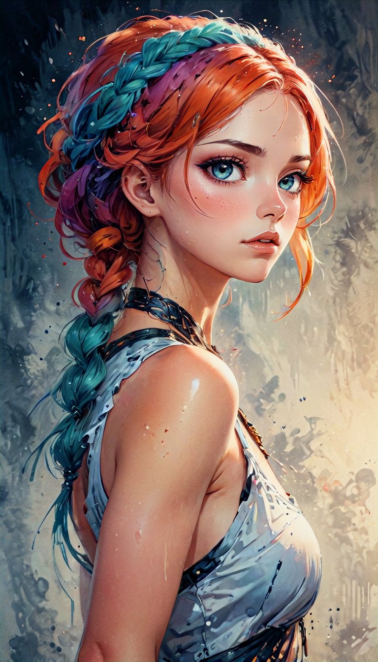 a woman with colored braided hair, painting style karol bak uhd, beautiful fantasy artistic drip, pen and ink, watercolor, 8K