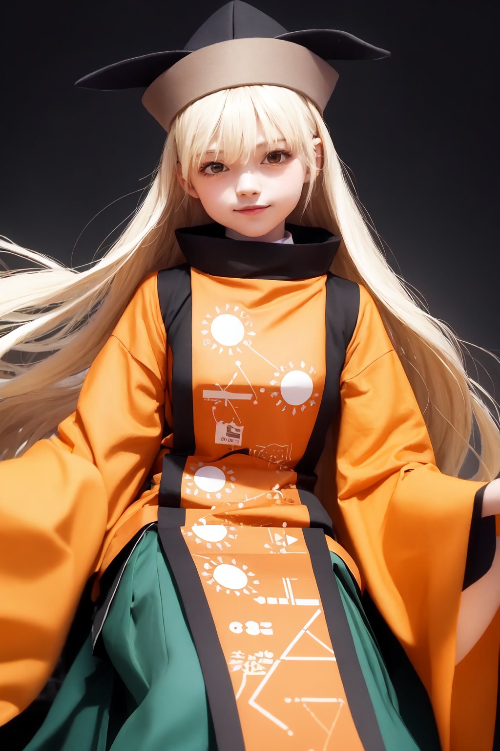 matara_okina,1girl,solo,hat,tabard,wide_sleeves,long_sleeves,black_headwear,green_skirt,smile,constellation_print,orange_sleeves,looking_at_viewer,detached_sleeves,simple_background,brown_headwear,white_shirt<lora:matara_okina:1>,simple background,white backgroundmasterpiece,best quality, highly detailed, 