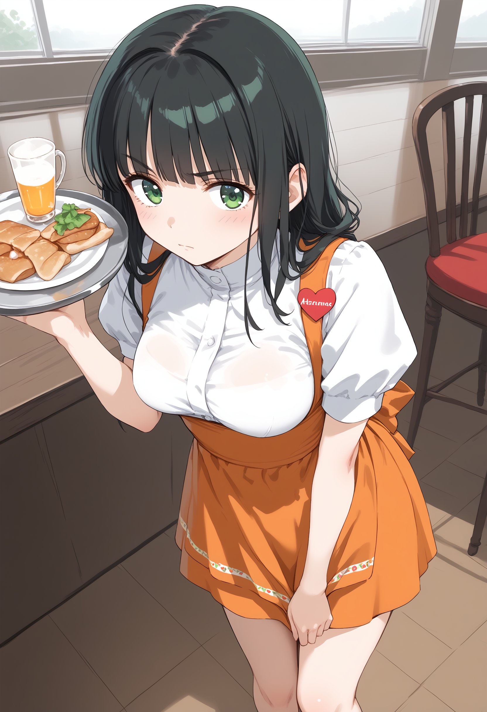 1girl, medium breasts,anna miller ,waitress,name tag,high-waist skirt,suspender skirt, apron,restaurant,  <lora:annamiller_Pony_v1:0.8>from above, feet out of frame, looking ahead, black hair, green eyes,troubled eyebrows, closed mouth, lightly curled inwards hair,