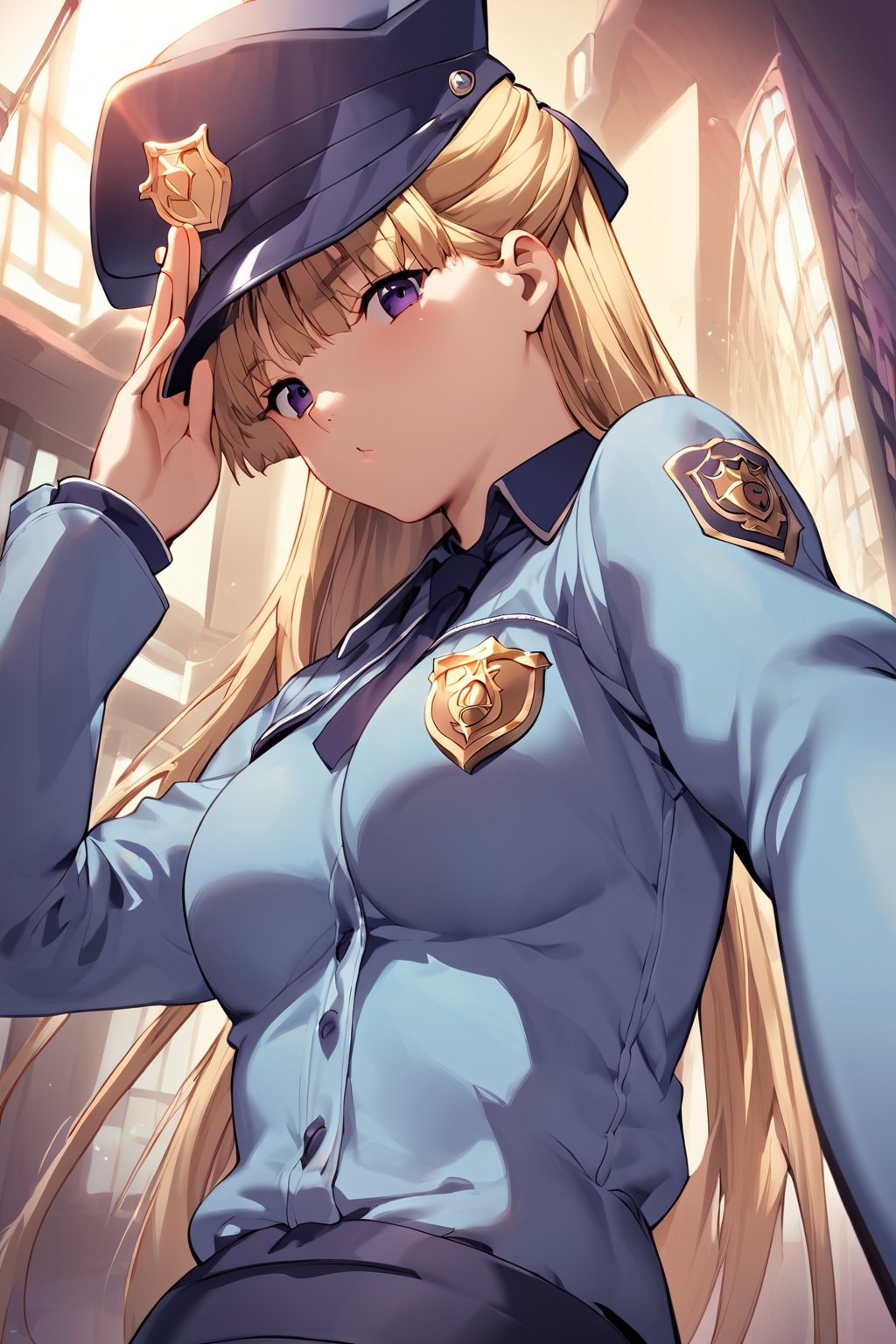 score_9, score_8_up, score_7_up, score_6_up, score_5_up, score_4_up, source_anim, high detailed,very aesthetic, kanzaki asuka, 1girl, blonde hair, purple eyes, A police officer, standing under a dim streetlight, modern skyscrapers background, wearing dark blue uniform, take a selfies, police cap, salute, a shadowy corner, light rain falls, mysterious atmosphere, police car, flashing lights, mist, Cinematic, dramatic lighting, high contrast, wide angle,<lora:kanzaki asuka auti:0.8>