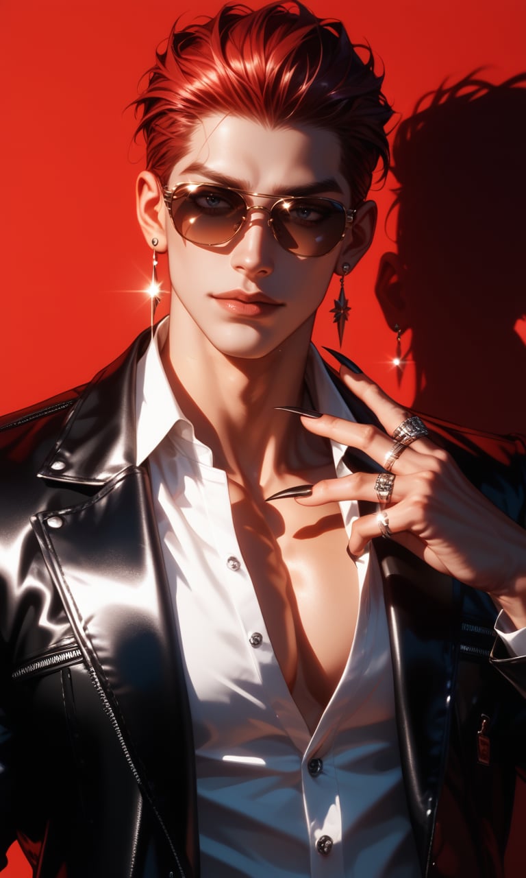 score_9, score_8_up, score_7_up, score_6_up, 2D noir-style, marvel style, male character, slicked-back red hair, wearing sunglasses, leather jacket, white shirt, unbuttoned collar, multiple earrings, rings on fingers, confident expression, stylish pose, smooth shading, soft shadows, cinematic lighting, red background, sharp jawline, rebellious look, charismatic, dramatic shadows, fashionable, modern aesthetic, high contrast