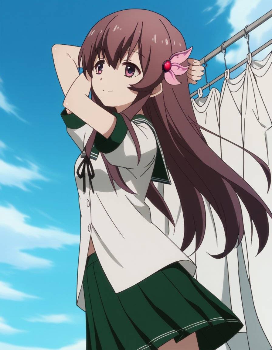 score_9, score_8_up, score_7_up, source_anime, <lora:kancolle-kisaragi-s1-ponyxl-lora-nochekaiser:1>, kisaragi, long hair, brown hair, hair ornament, brown eyes, purple eyes, kisaragi (kancolle), skirt, school uniform, short sleeves, pleated skirt, serafuku, green skirt,, laundry day, clothesline, drying clothes, domestic life, fresh air, blue sky, , , hand behind head, smile,, solo,, cowboy shot, dutch angle