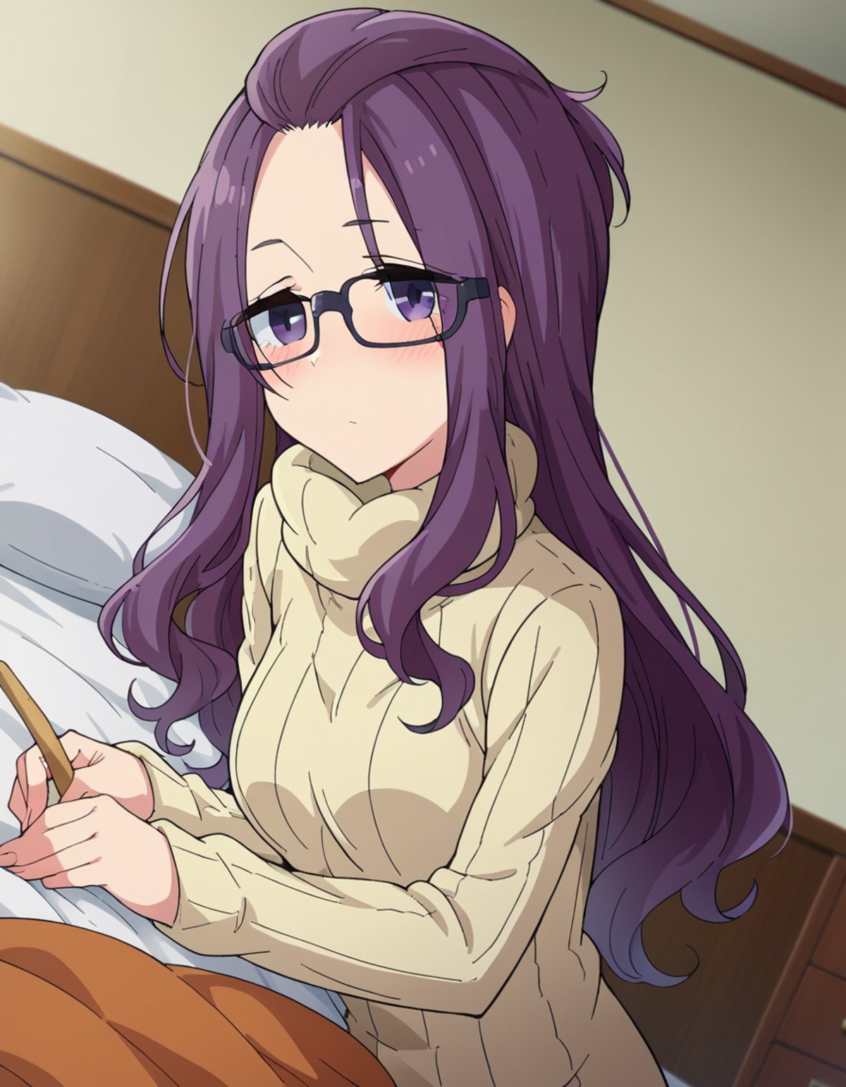 score_9, score_8_up, score_7_up, source_anime,sakurakagamihara, <lora:sakura-kagamihara-s1s2-ponyxl-lora-nochekaiser:1>,sakura kagamihara, long hair, purple eyes, purple hair, glasses, black-framed eyewear, bangs pinned back,long sleeves, sweater, turtleneck, ribbed sweater, turtleneck sweater, pants, denims,indoors, bed, bed room, on side, blush, drunk,looking at viewer, dutch angle, cowboy shot,