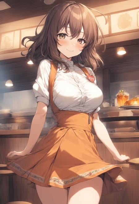 1girl, <lora:sdxl2-flat2-512b:-1>,medium breasts,solo,<lora:annamillerXLv2:0.8>,anna miller ,waitress,name tag,high-waist skirt,suspender skirt, apron,ceiling, cinematic angle, looking at viewer, teasing smile,  closed mouth,restaurant,best quality,medium quality,