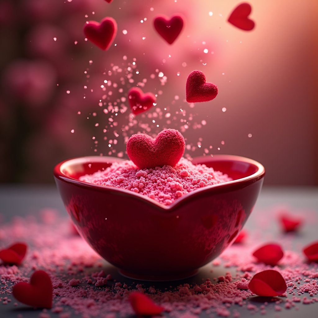 there is a heart shaped bowl filled with pink sprinkles, behance. polished, heart effects, falling hearts, falling red petals, romanticist, falling in love, heart, several hearts, bokeh photography, hearts symbol, falling flower petals, magic heart, anatomically correct heart, red gems scattered **** dust, rose petals, istock, stream of love and happiness, romantic simple path traced, (heart), hearts, many hearts, bokeh photograph, love is begin of all, istockphoto, pinterest and shutterstock, photo of, an epic love affair with doubt, bokeh color background, falling petals, bokeh. brian spilner, tiny crimson petals falling, on a canva