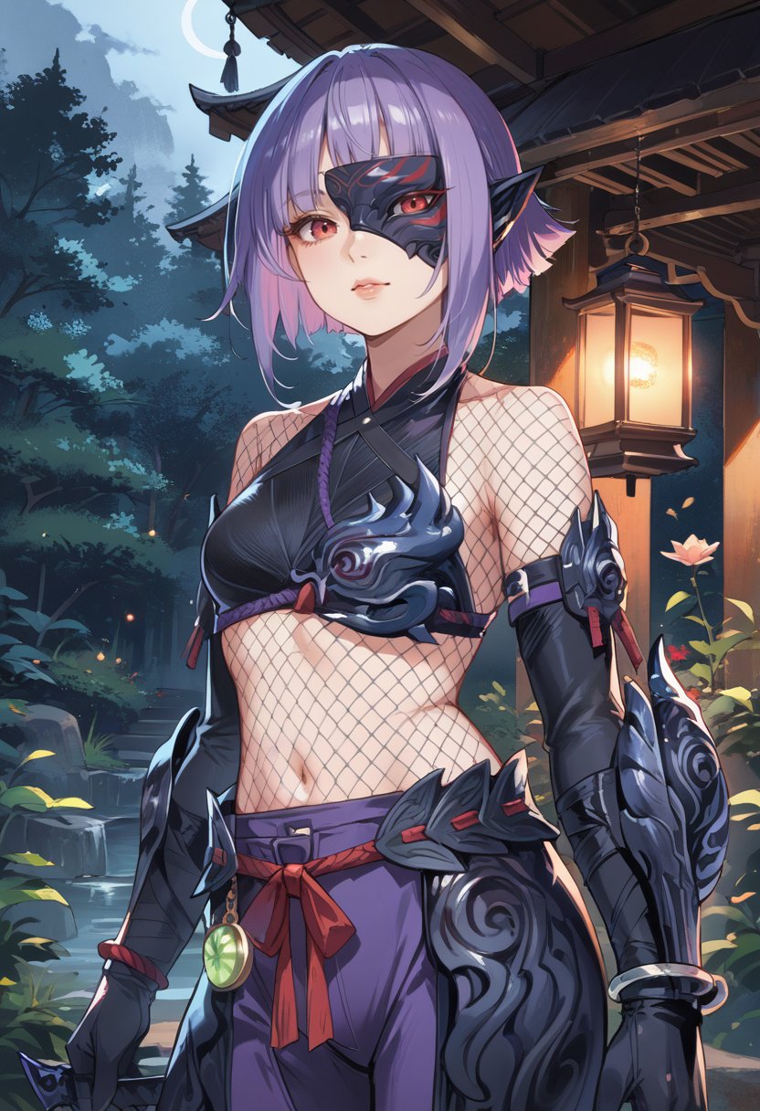 source_furry,(score_9:0.9),score_8_up,score_7_up,rating_safe,anime style,(zPDXL),<lora:Ex Odogaron Armor ponyXL v1.2:0.78>, ex odogaron armor, purple mask, purple gloves, purple pants, 1girl, solo, fishnets, purple hair, red eyes, lantern, tree, navel, lips,  purple crop top, one eye covered, short hair