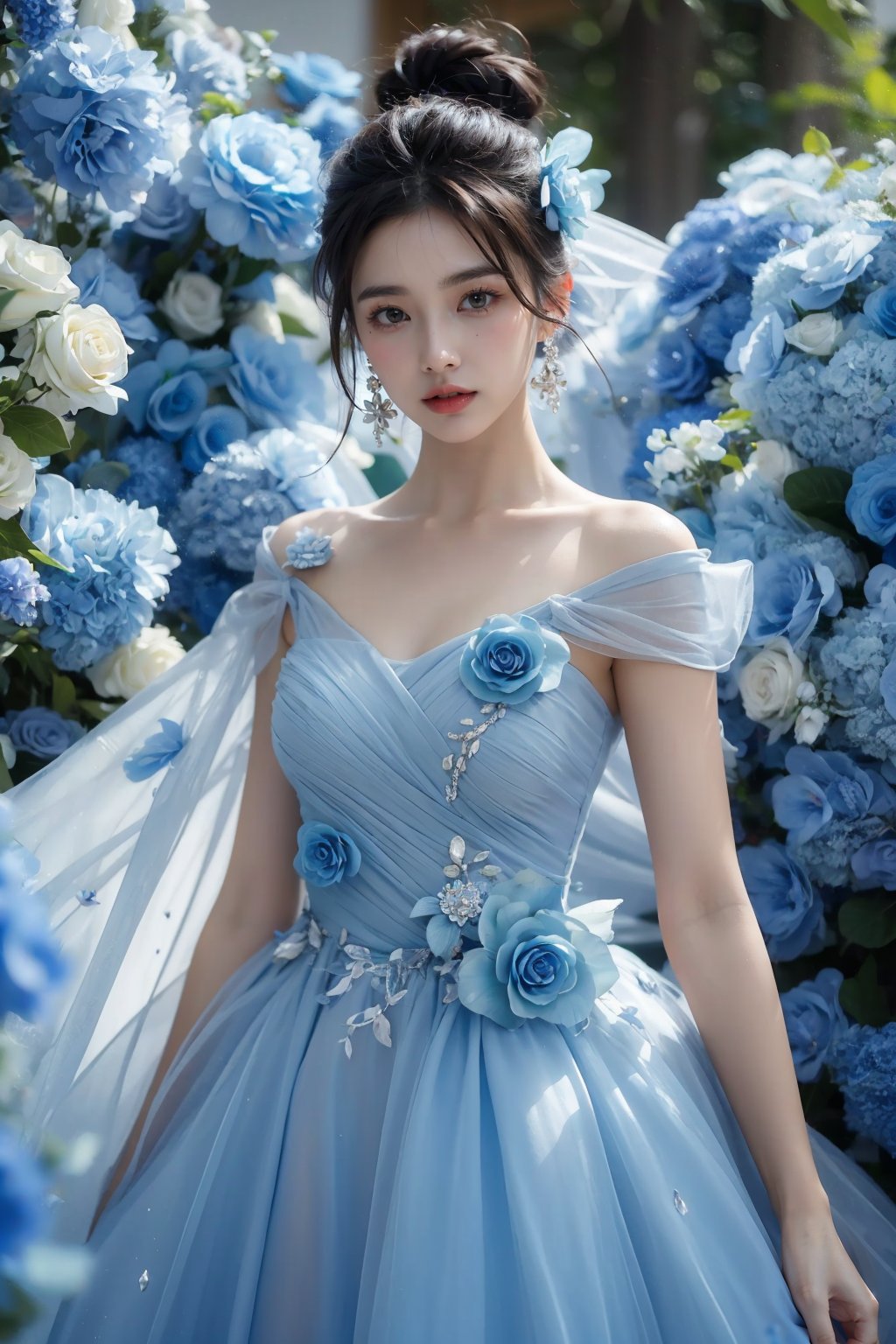 photorealistic,realistic,photography,masterpiece,best quality,ultra-detailed,extremely detailed CG unity 8k wallpaper,(reality: 1.4),1girl,solo, standing,black hair,long hair,hair ornament,looking at viewer,solo,looking at viewer,brown hair,black hair,hair ornament,bare shoulders,jewelry,collarbone,earrings,hair flower,hair bun,any blue flower garden in a studio,blue flower dress, <lora:JAY - BLUE FLOWER DRESS:0.8>, (best quality:1.3)