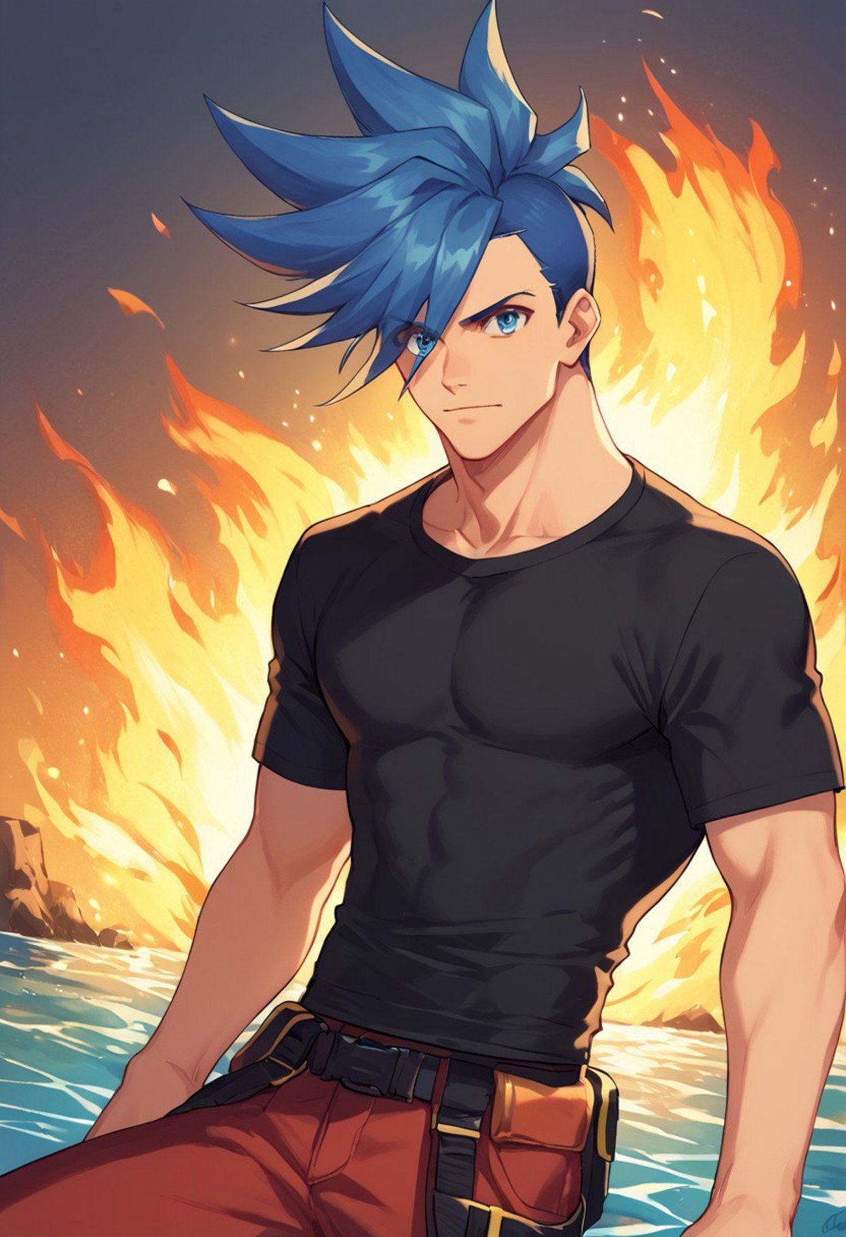 score_9, score_8_up, score_7_up, source_anime, highly detailed, galo, male focus, 1boy, blue hair, spiked hair, blue eyes, solo, shirt, black shirt, t-shirt, pants, red pants,  upper body,fire, pyrokinesis, water,