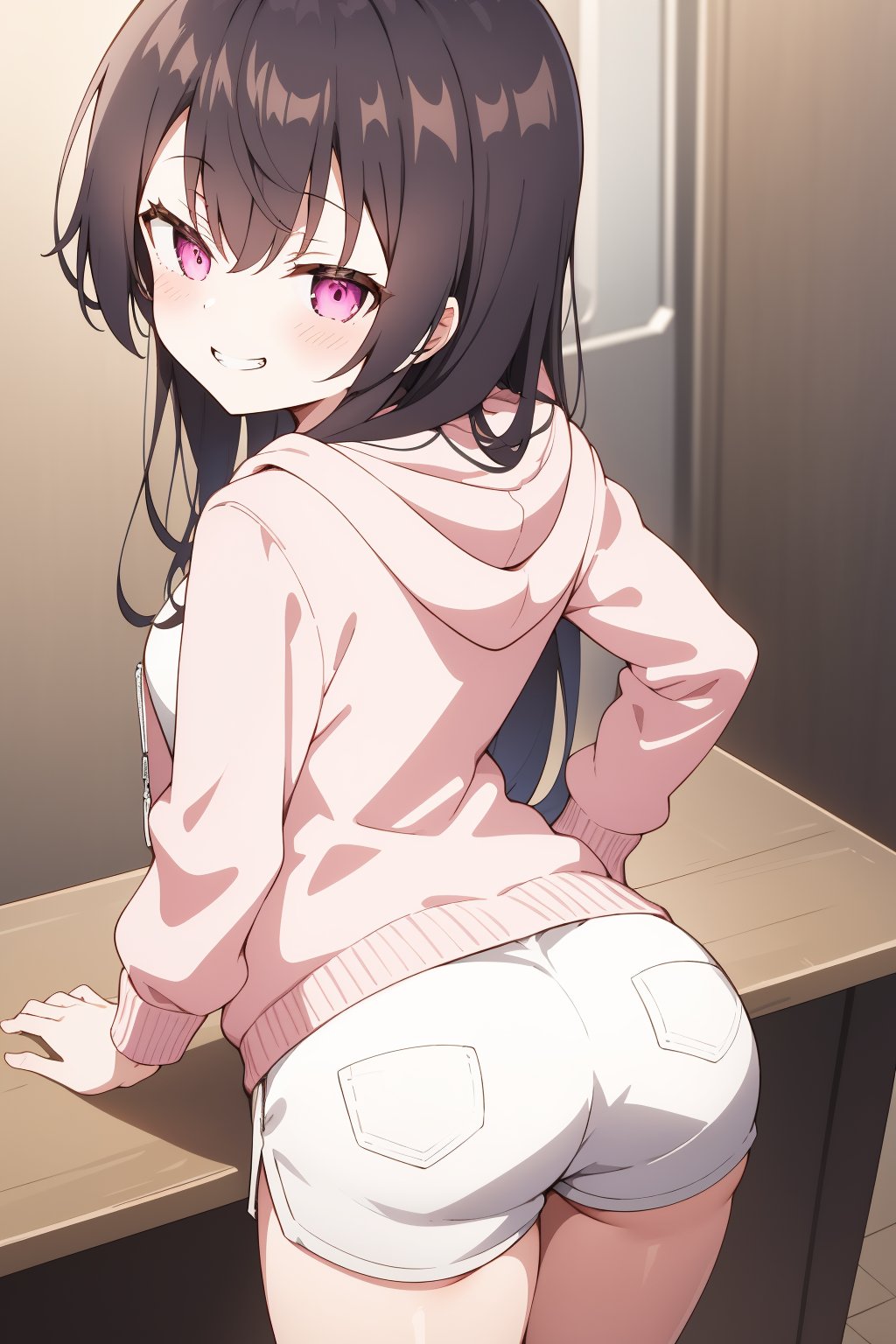 a girl with hands on the table and hips up,Suo Yuki,from_above,long hair,looking at viewer,blush,smile,bangs,black hair,((ass)),looking back,hood,from behind,grin,hoodie,watch,white shorts,pink hoodie,<lora:lbc_Suo_Yuki_v1.0-000008:0.8>,