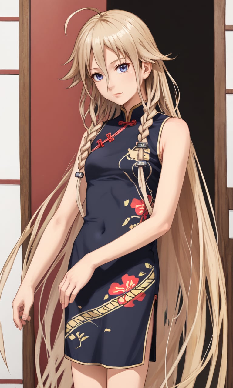 1girl, solo, cowboy shot <lora:IAXLpony1:1> ia, blonde, ahoge, twin braids, floating hair, very long hair, print_cheongsam, sandals,