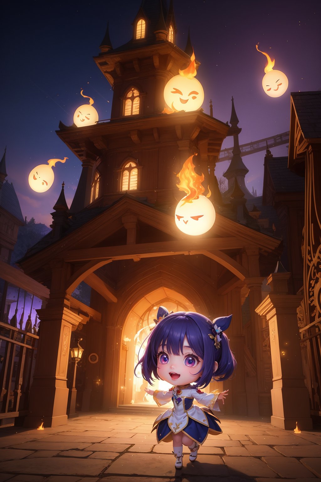 masterpiece,best quality,haunted theme park,haunted by chibi ghosts,cute,whimsical,glow,glowing,fun,silly,mystical,light particles,flame,