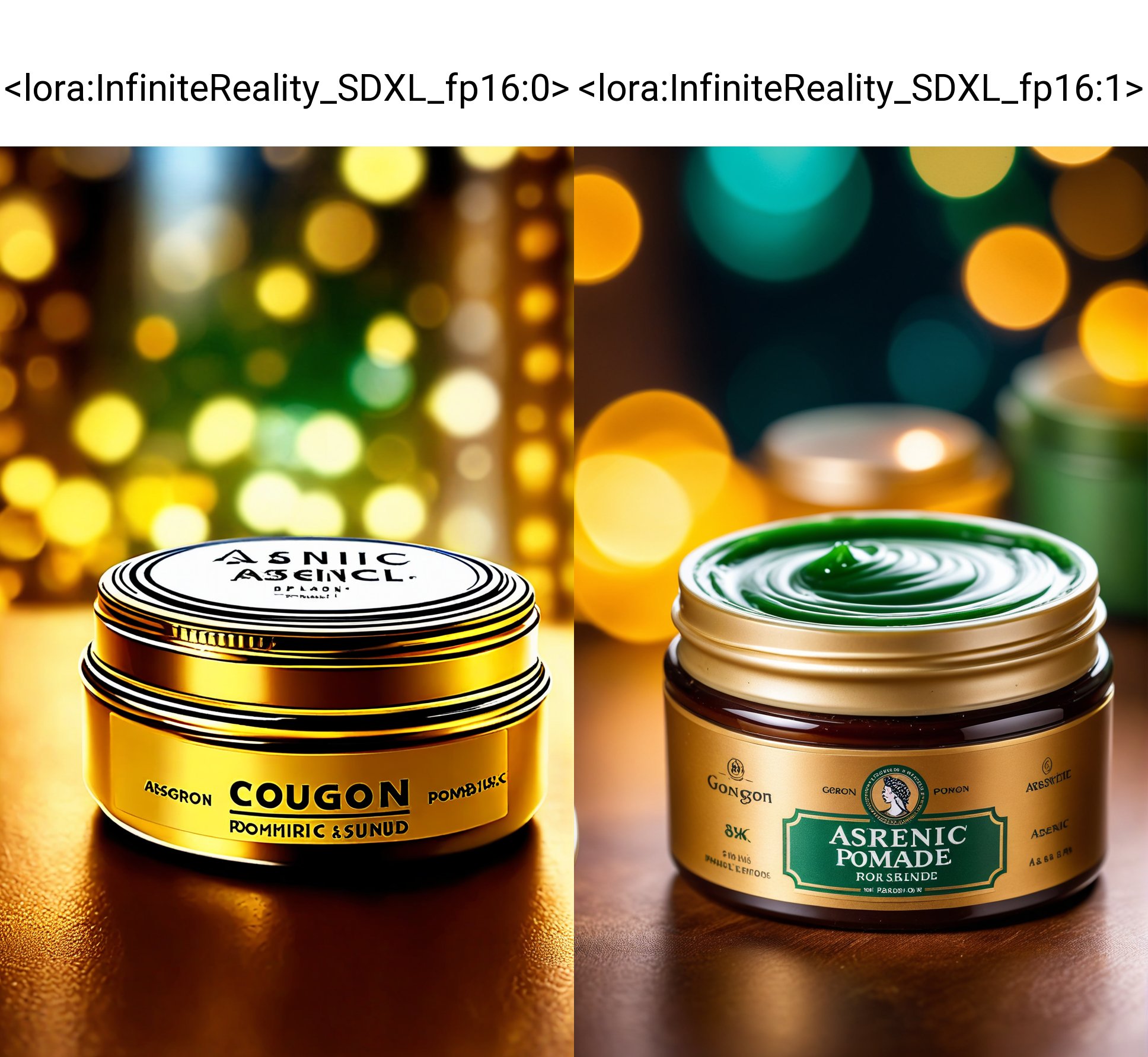 8k, extremely detailed ,, blur background, photo-realistic still life, Arsenic pomade, gorgon brand, don't use it or it will ruin your skin. Suave Classy Professional Photography, High Quality, High Details, High Resolution, 4K, (Bokeh:2.2), Backlight, Long Exposure:2.5 <lora:InfiniteReality_SDXL_fp16:0>