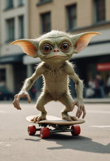 Leica portrait of a gremlin skateboarding, coded patterns, sparse and simple, uhd image, urbancore, sovietwave, period snapshot