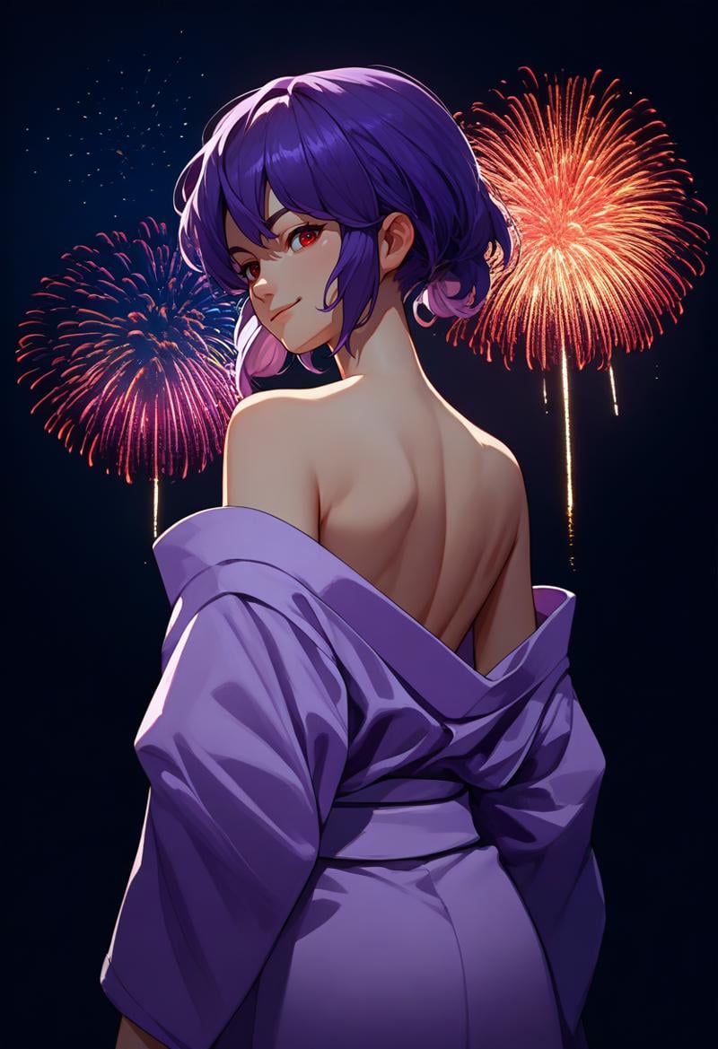 score_9, score_8_up, score_7_up, source_anime, from behind, solo, 1girl, motokosac, slight smile, looking back, purple hair, red eyes, purple kimono, off shoulder, bare shoulders, fireworks <lora:ghostintheshell_kusanagi_ponyXL-SAC:1>