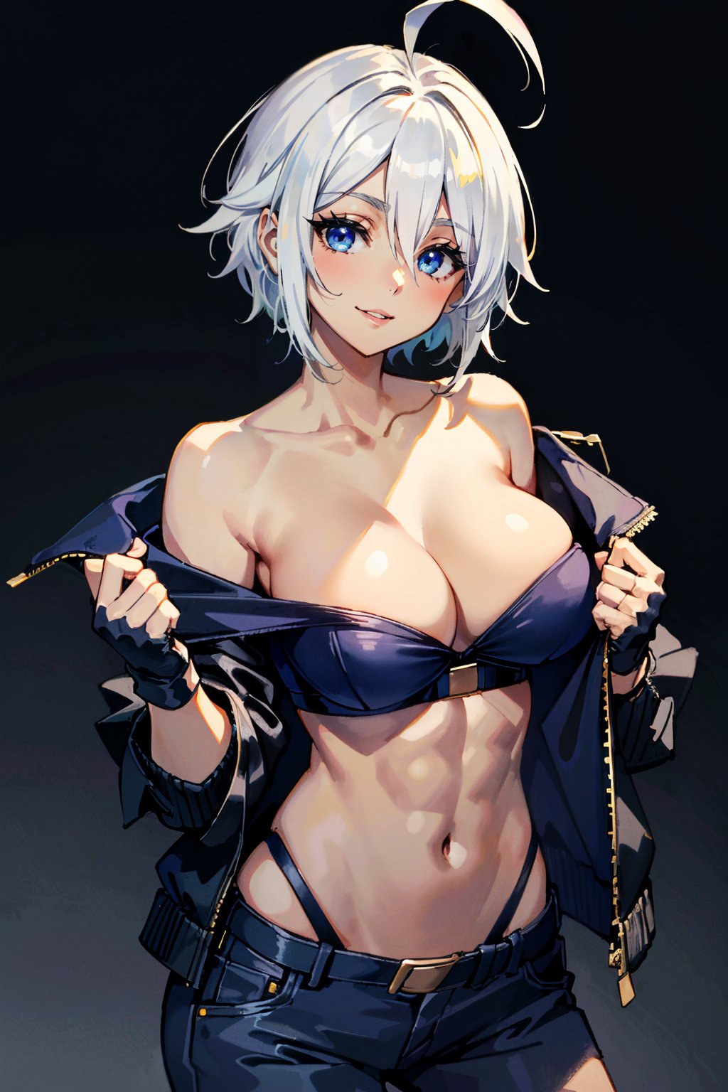 ((ultra detailed, masterpiece, absurdres))<lora:KOFAngel:0.9>KOFAngel, white hair,  1girl, breasts, looking at viewer, smile, short hair, blue eyes, large breasts, simple background, gloves, navel, cleavage, bare shoulders, underwear, panties, jacket, ahoge, white hair, grey hair, parted lips, open clothes, midriff, fingerless gloves, off shoulder, bra, strapless, muscular, underboob, abs, undressing, black background, toned, muscular female, blue bra, strapless bra, chaps