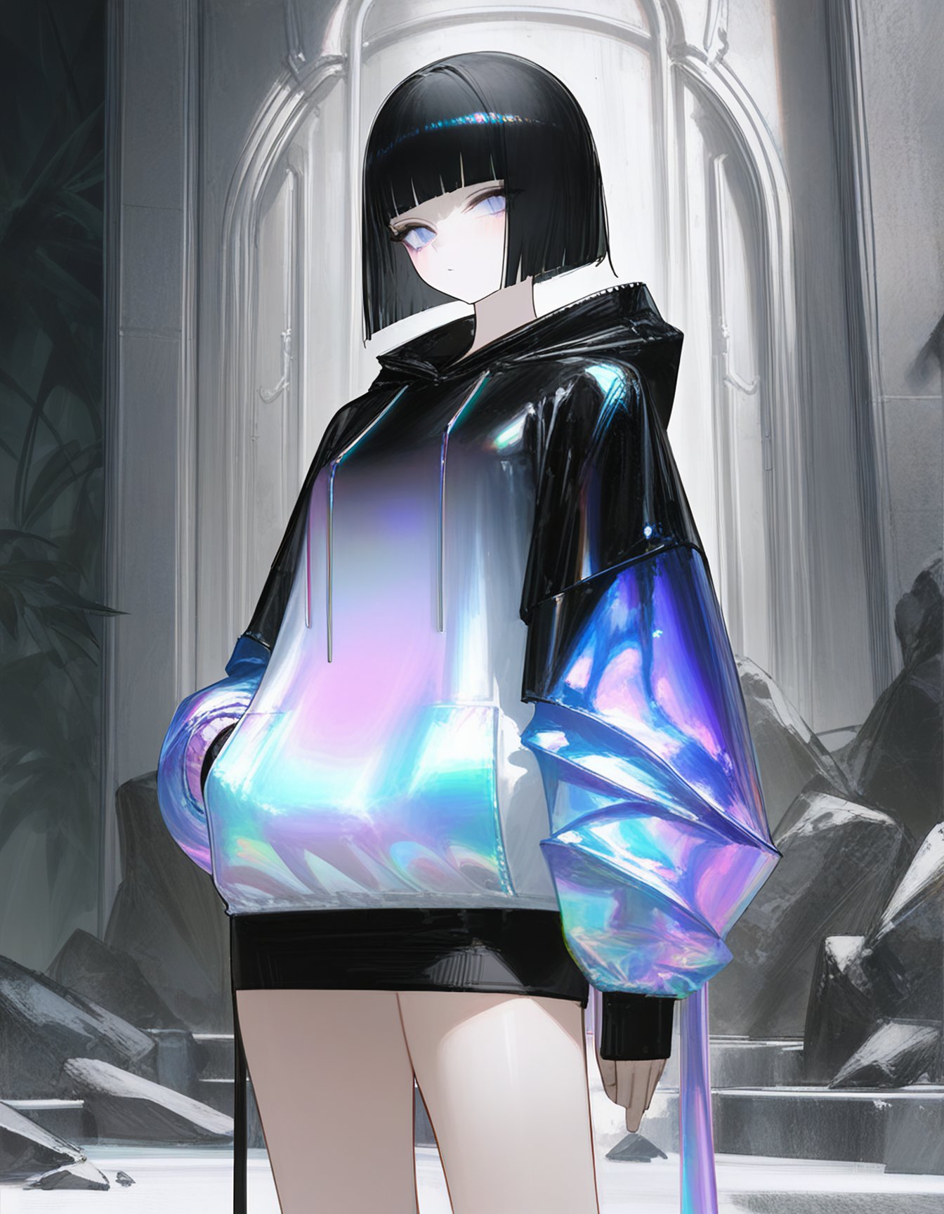 best quality, masterpiece, absurdres, fashion, standing, (iridescent:1.3) melting hoodie, thighs, by reoen, by rsef, by au \(d_elete\), 1girl, black hair, hime cut, stone