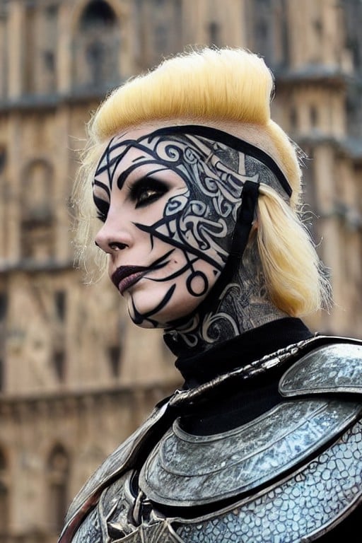 ((painting)) ((fantasy villain blond woman)) with a (tattooed face) wearing a (iron armour) in front of a ((medieval cityscape towers and buildings))