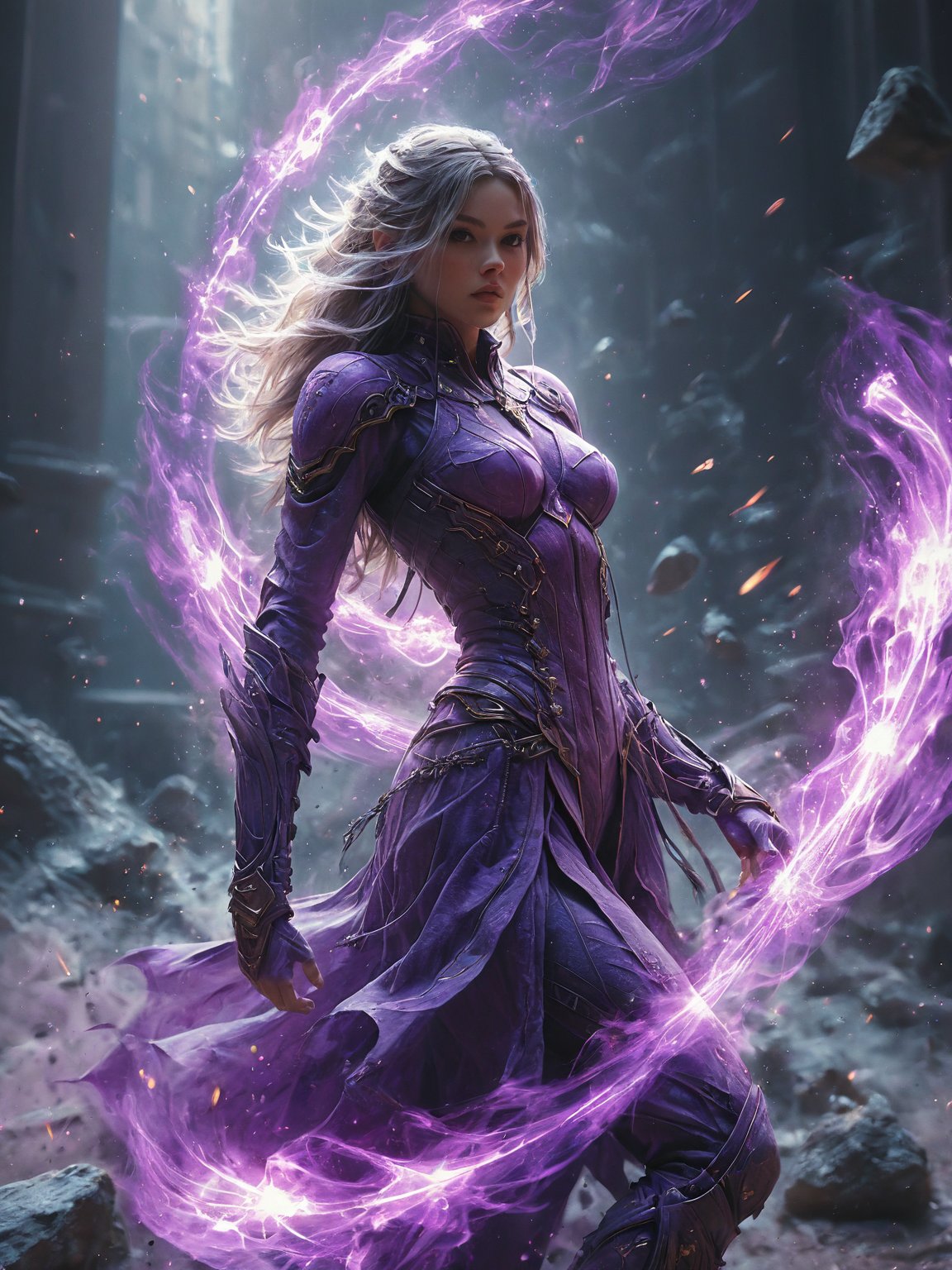 best quality, high quality, cinematic, hkmagic, purple holy knight floating in space, there are asteroids and other planetary bodies in the background, stars, body surrounded in brilliant purple energy, vibrant amethyst color, divine armor, holy energy