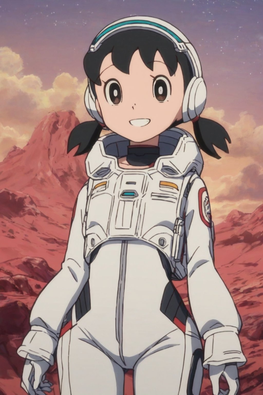 score_9, score_8_up, score_7_up, score_6_up, score_5_up, score_4_up, source_anime,minamoto shizuka,cowboy shot, 1girl, solo, smile, Girl in a spacesuit stepping onto the surface of Mars, Earth visible in the distance, vast red landscape, futuristic colony in the background, sense of wonder and exploration, epic sci-fi scene, hyper-realistic detail,masterpiece, perfect face, best quality, beautiful girl, cute girl, beautiful eyes, shiny eyes, anime coloring, anime screencap, absurdres,<lora:cr81e6de878c73fsdrs0:1>