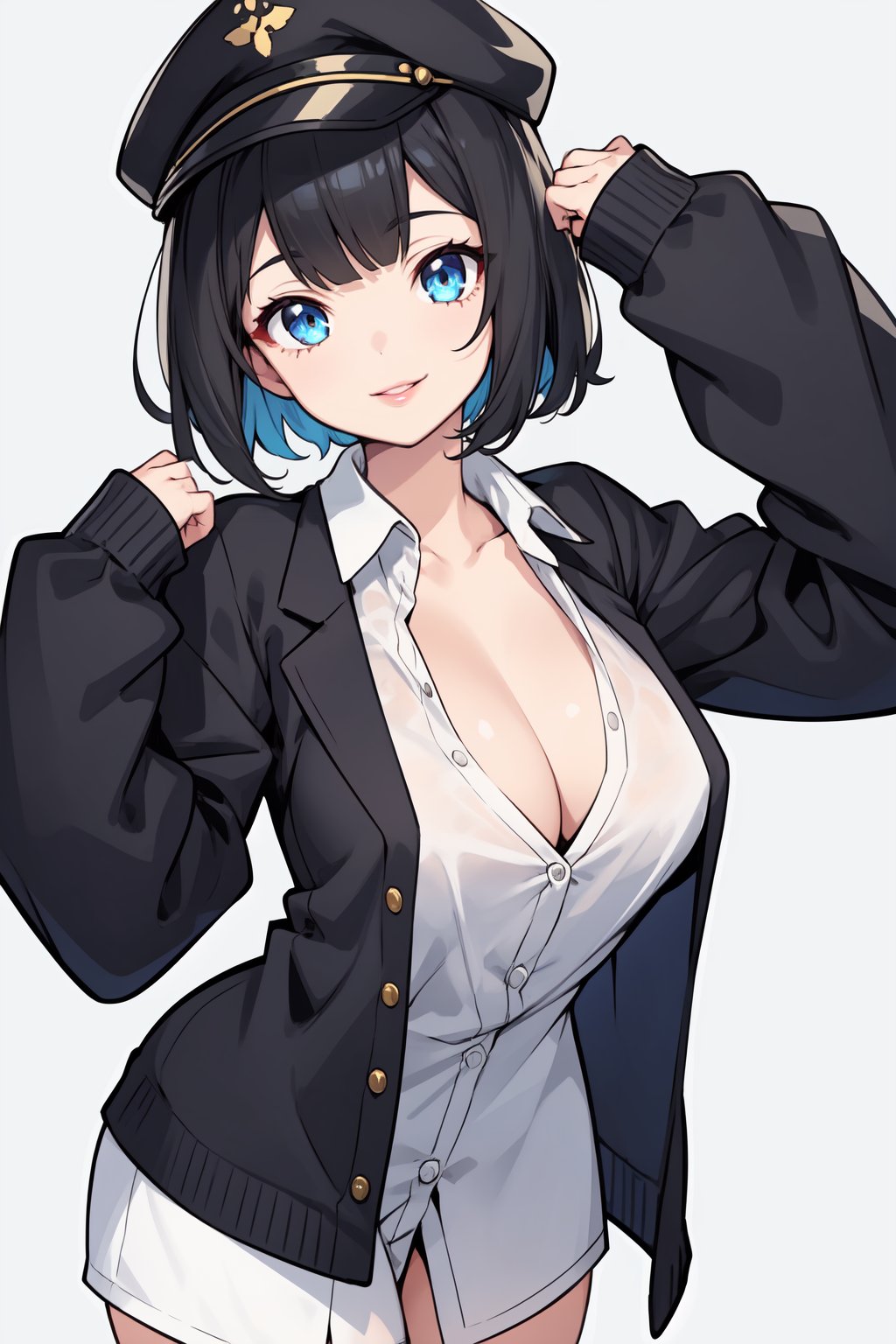 1girl, , alternate costume, black hair, blue eyes, borrowed clothes, breasts, cleavage, dress shirt, hat, lips, looking at viewer, oversized clothes, shirt, short hair, simple background, sleeves past wrists, smile, solo, swept bangs, virtual youtuber, 