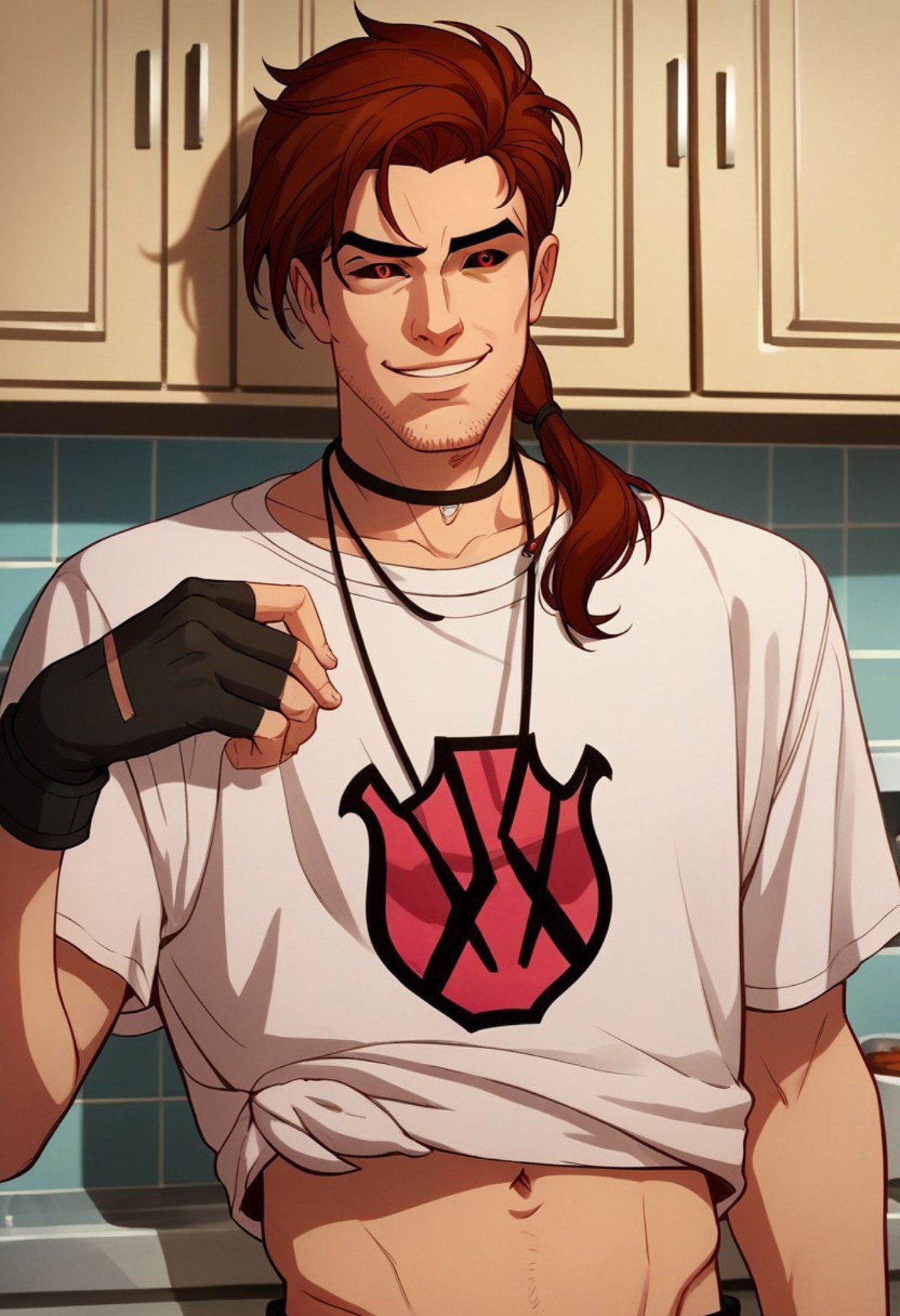 Dsk_Remy_Lebeau, 1boy, auburn hair, black gloves, black sclera, choker, colored sclera, facial hair, fingerless gloves, gloves, indoors, jewelry, kitchen, long hair, male focus, navel, necklace, low ponytail, red eyes, shirt, smile, solo, stubble, upper body, against the wall, standing, extreme light and shadow, portrait photography, cinematic lighting, cinematic angle, score_9, score_8_up, score_7_up, score_6_up, score_5_up, score_4_up,