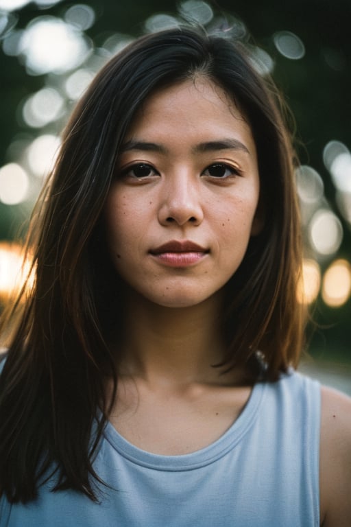 flash photography,from front,photo of (a 30 years old female),face close-up,( park background), Raw format,  studio lighting,  analog photography aesthetic,